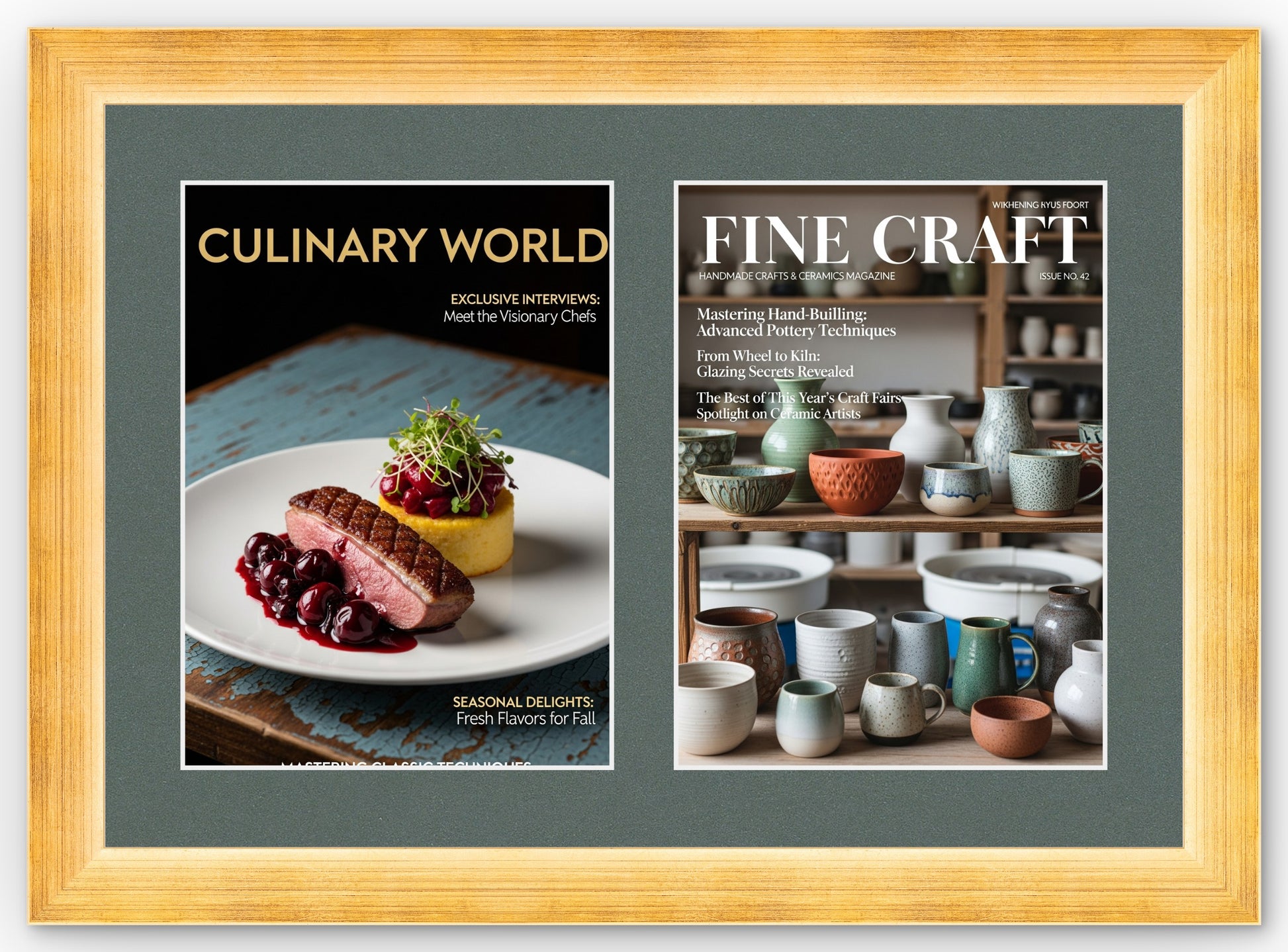 Double Magazine Keepsake Frame with Dark Gray Mat (Style 4) - corner and profile view
