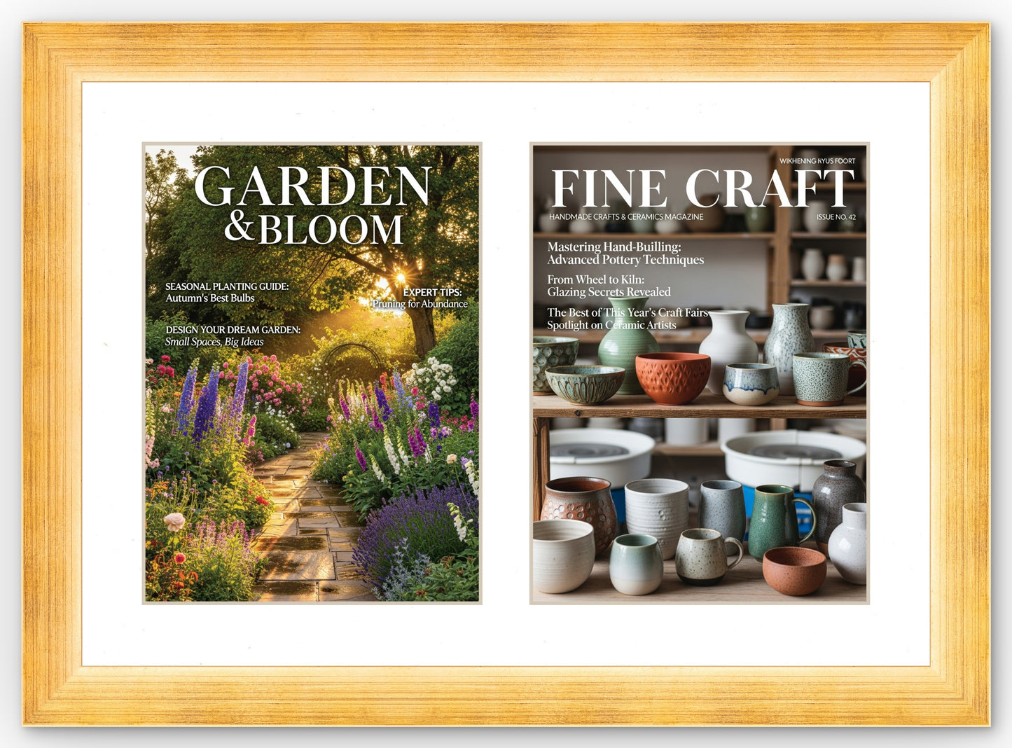 Double Magazine Keepsake Frame with White Mat (Style 4) - corner and profile view