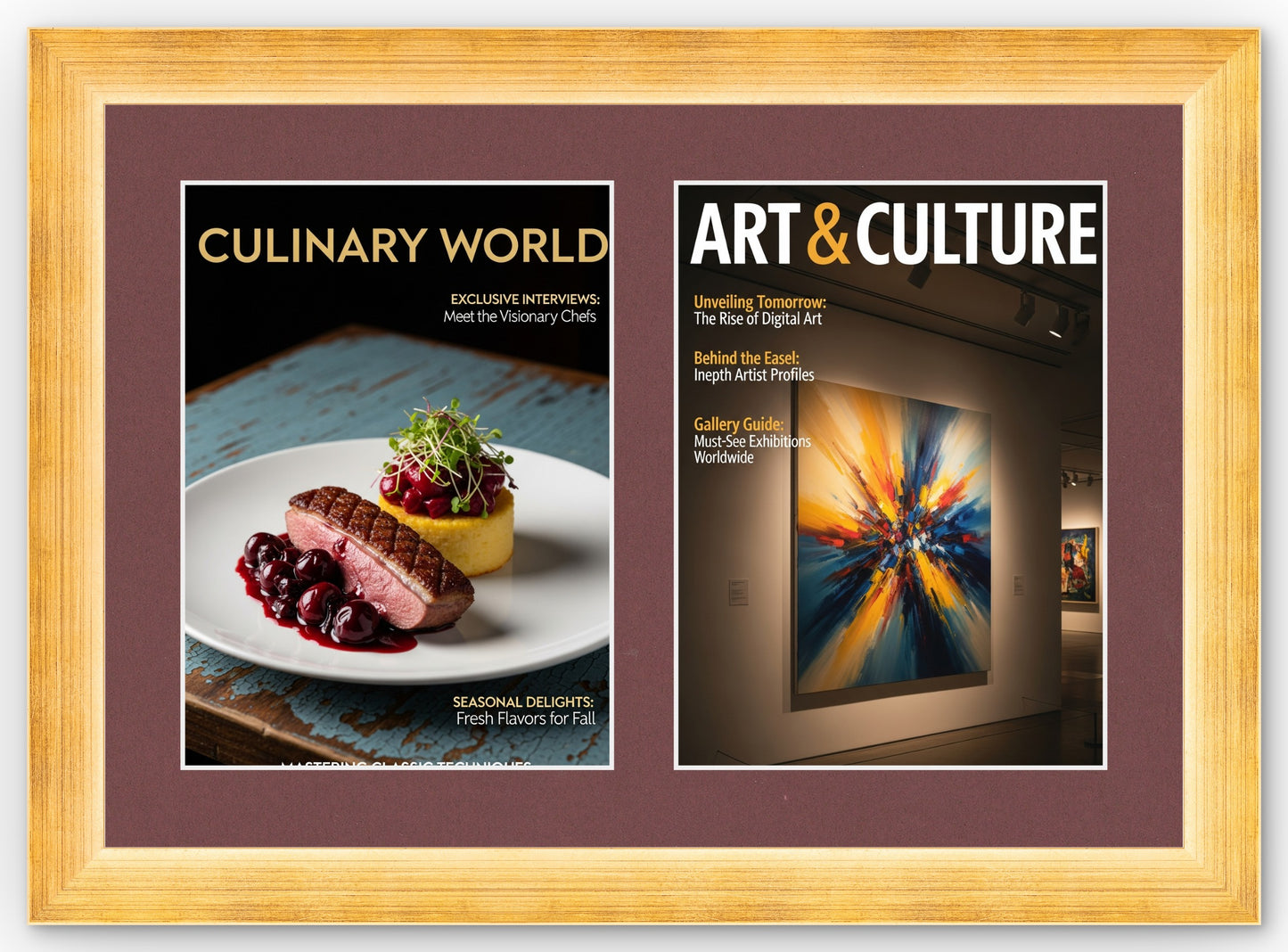Double Magazine Keepsake Frame with Dark Red Mat (Style 4) - corner and profile view
