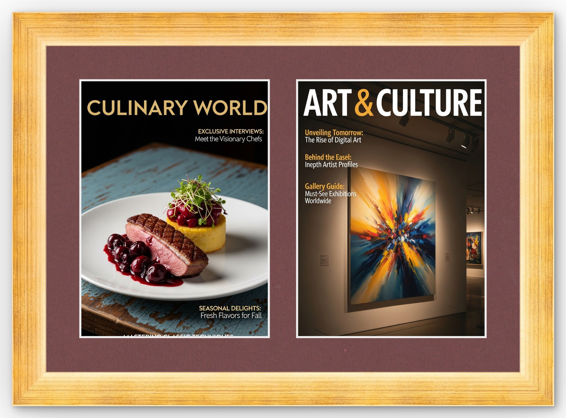 Double Magazine Keepsake Frame with Dark Red Mat (Style 4) - corner and profile view