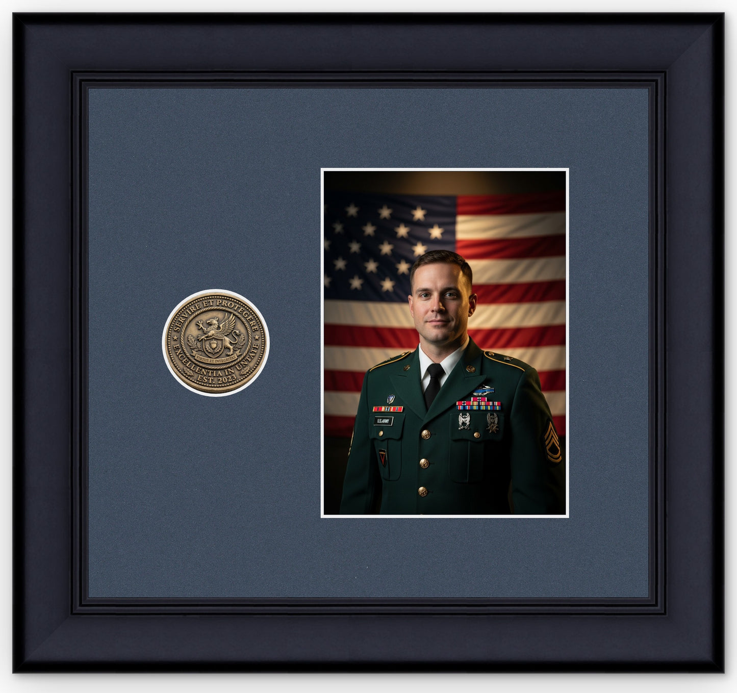 Challenge Coin Shadow Box With Photo Display Frame (Style 5) - corner and profile view
