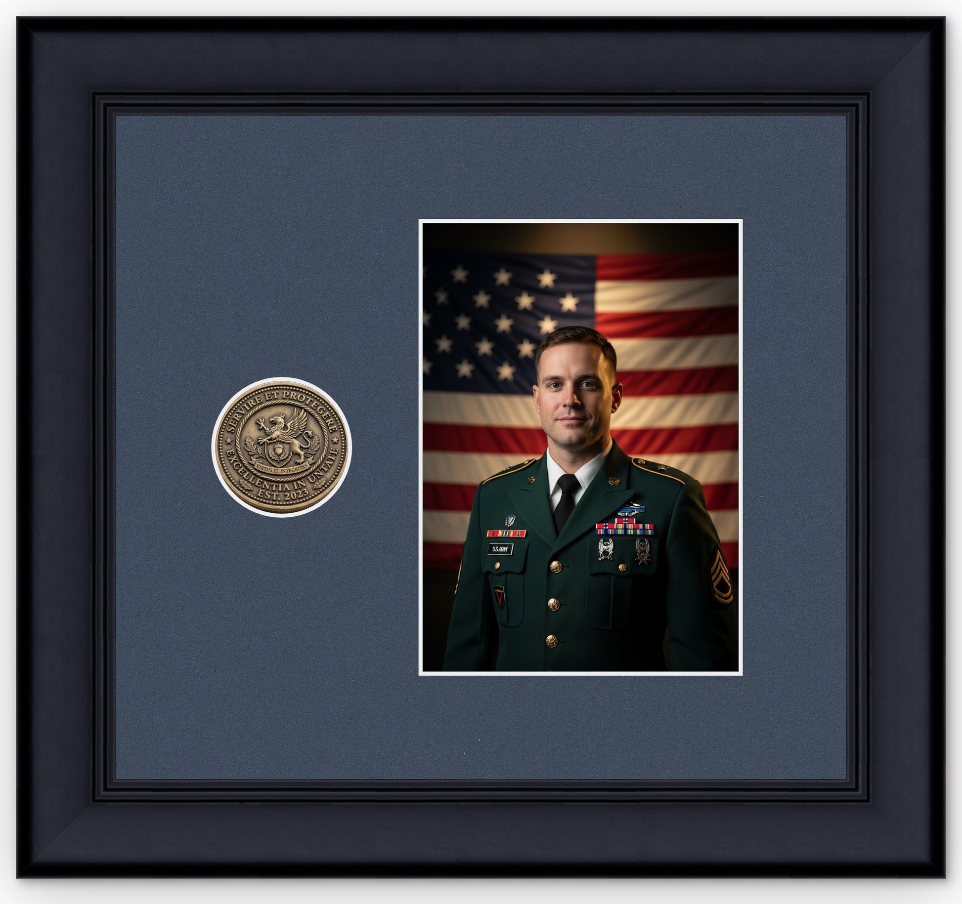 Challenge Coin Shadow Box With Photo Display Frame (Style 5) - corner and profile view