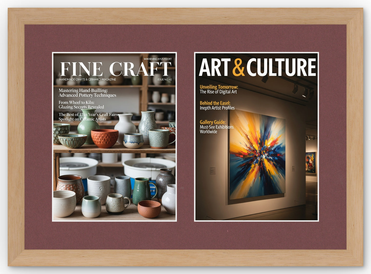 Double Magazine Keepsake Frame with Dark Red Mat (Style 5) - corner and profile view