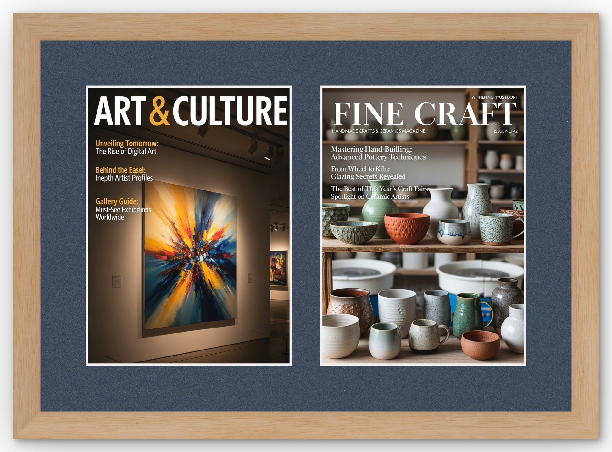Double Magazine Keepsake Frame with Navy Blue Mat (Style 5) - corner and profile view