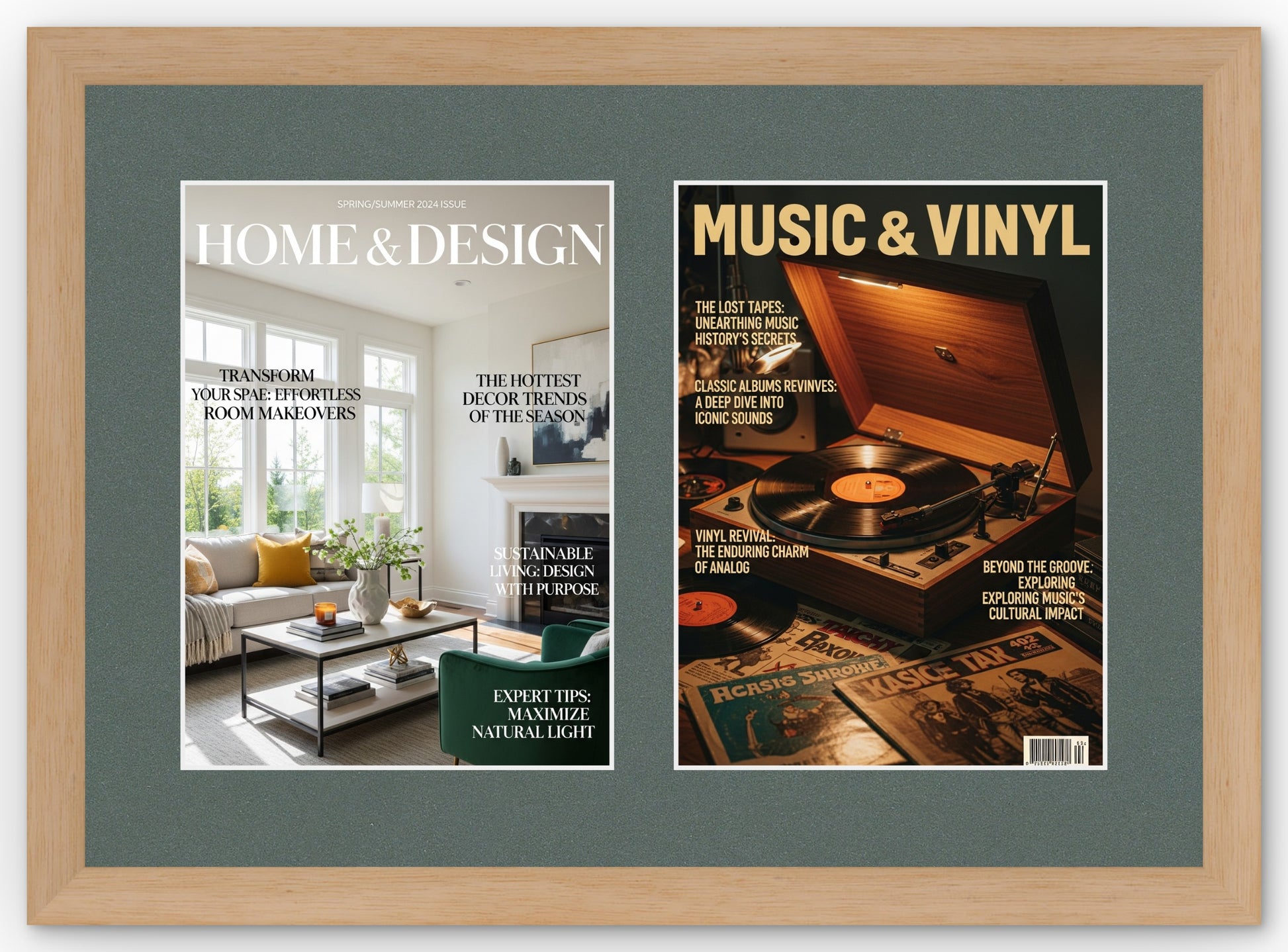 Double Magazine Keepsake Frame with Dark Gray Mat (Style 5) - corner and profile view