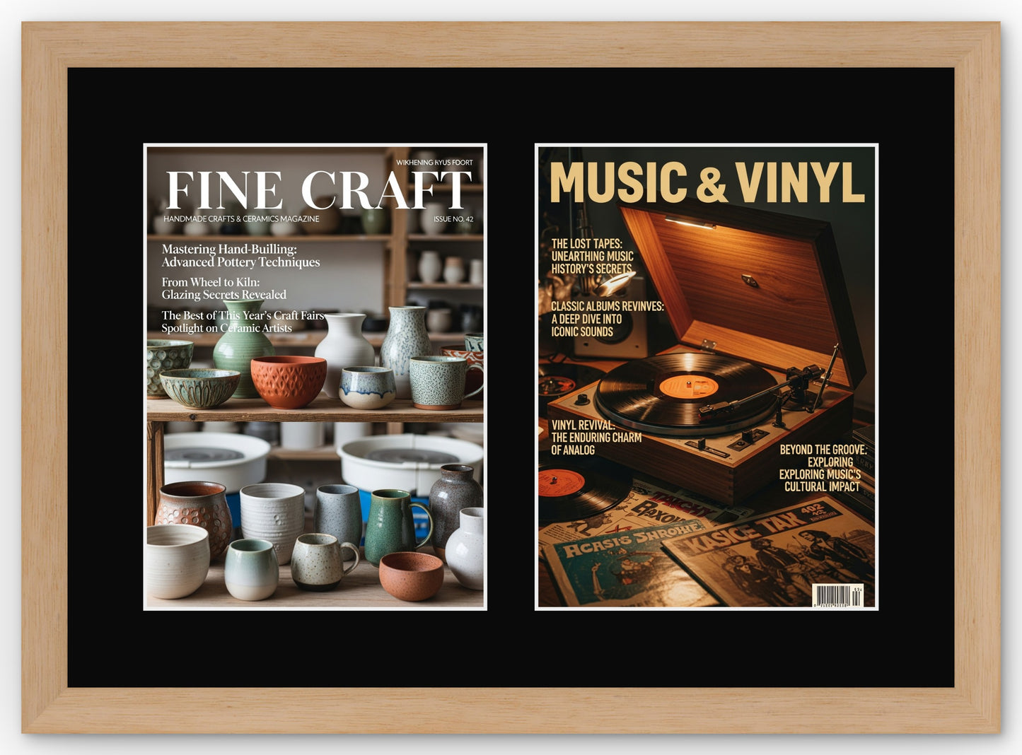 Double Magazine Keepsake Frame with Black Mat (Style 5) - corner and profile view