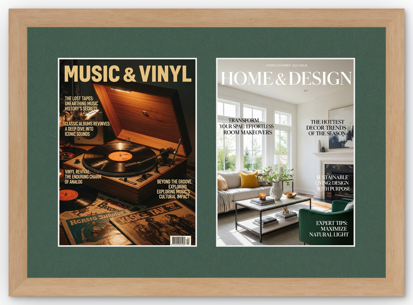 Double Magazine Keepsake Frame with Forest Green Mat (Style 5) - corner and profile view
