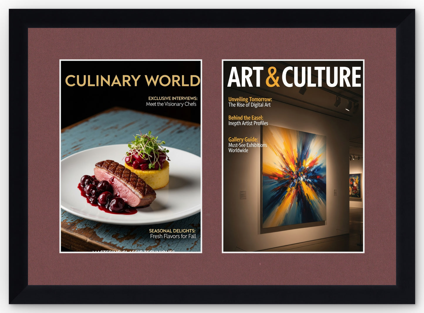 Double Magazine Keepsake Frame with Dark Red Mat (Style 6) - corner and profile view