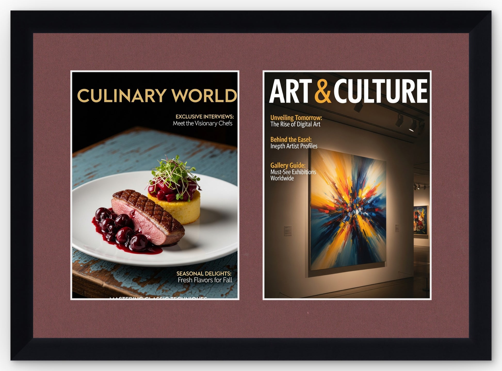 Double Magazine Keepsake Frame with Dark Red Mat (Style 6) - corner and profile view