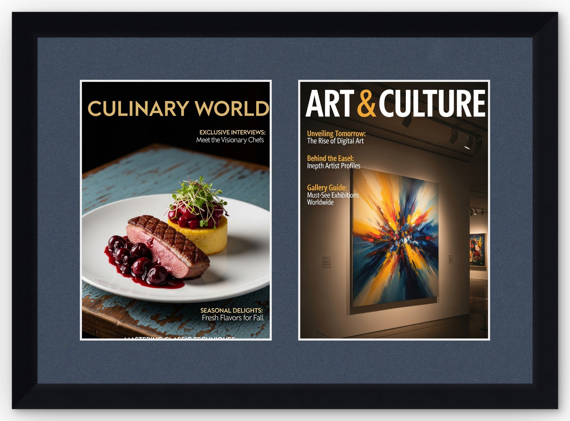 Double Magazine Keepsake Frame with Navy Blue Mat (Style 6) - corner and profile view