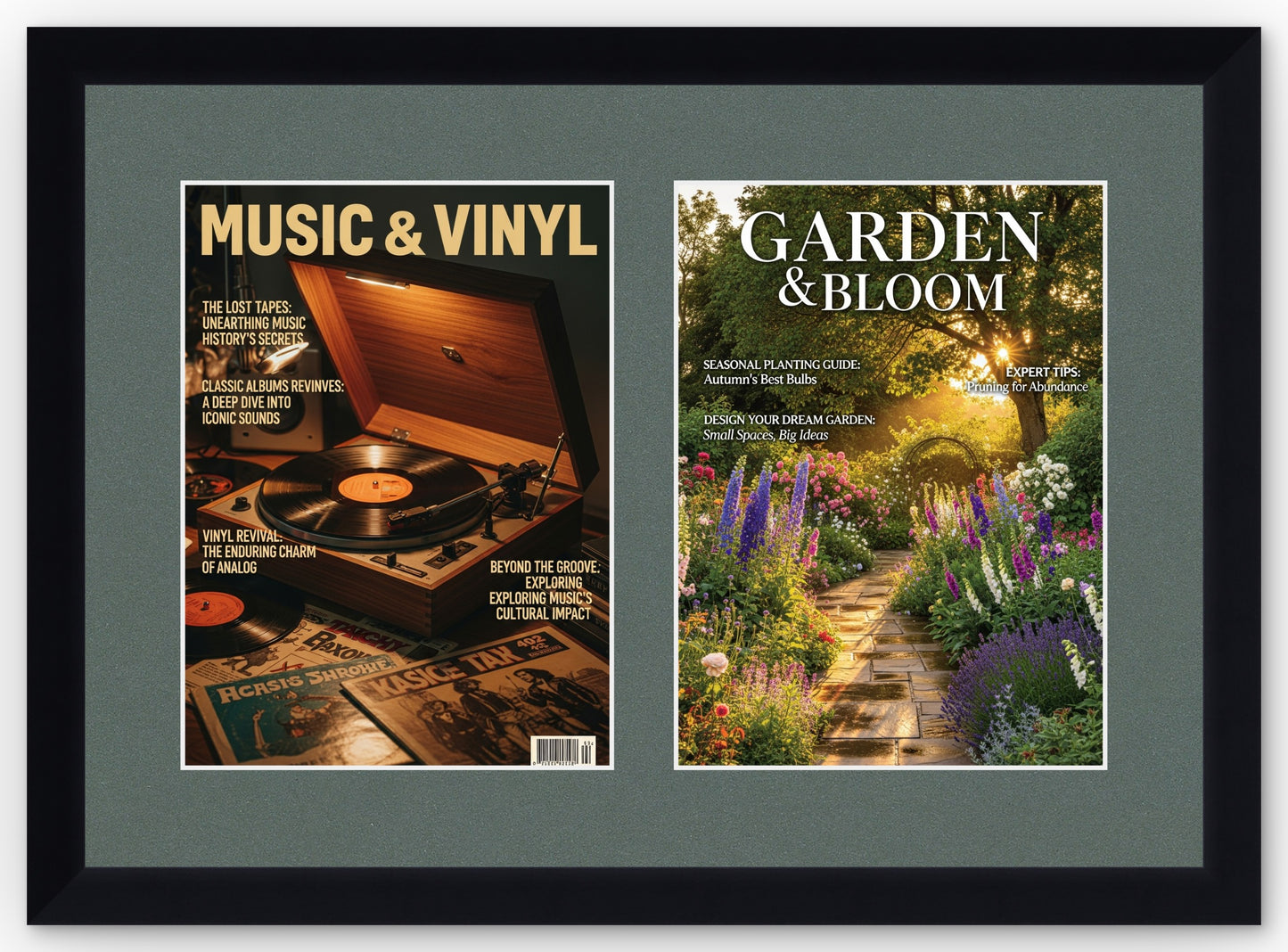 Double Magazine Keepsake Frame with Dark Gray Mat (Style 6) - corner and profile view