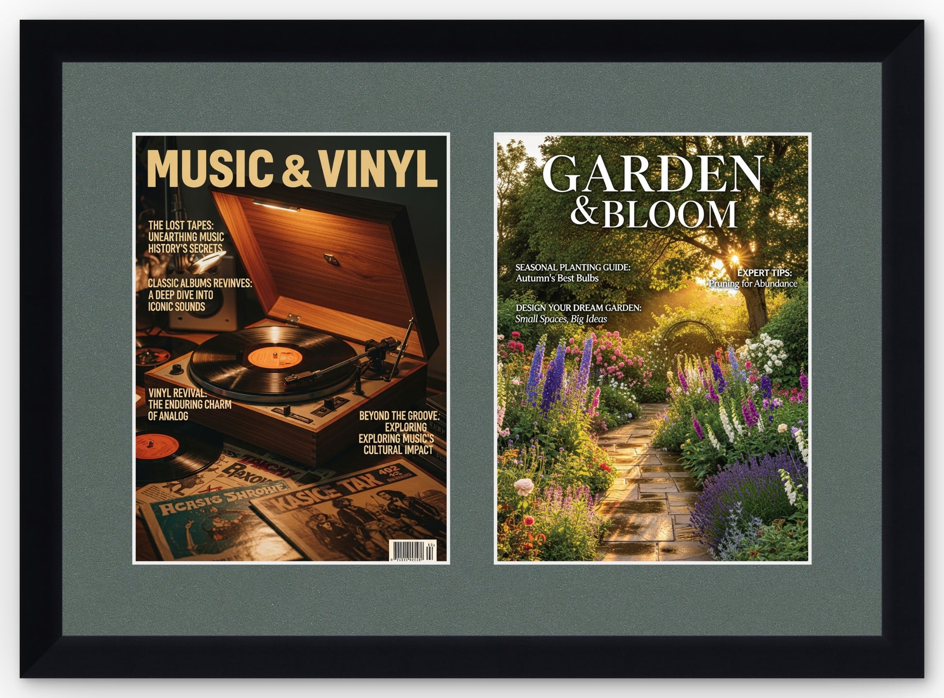Double Magazine Keepsake Frame with Dark Gray Mat (Style 6) - corner and profile view