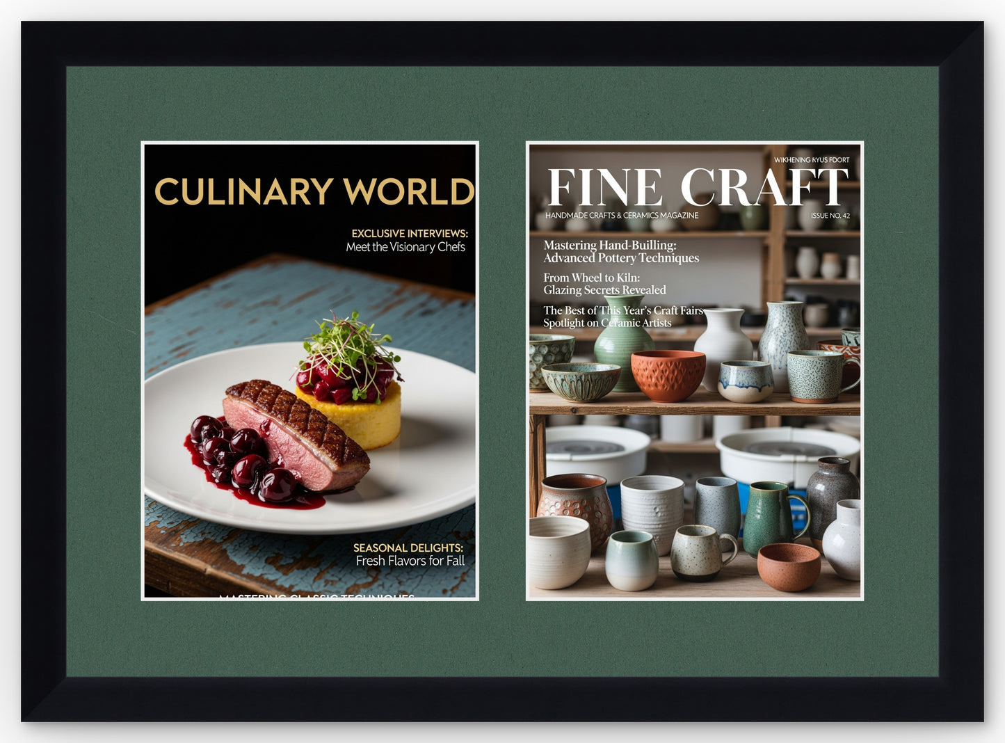 Double Magazine Keepsake Frame with Forest Green Mat (Style 6) - corner and profile view