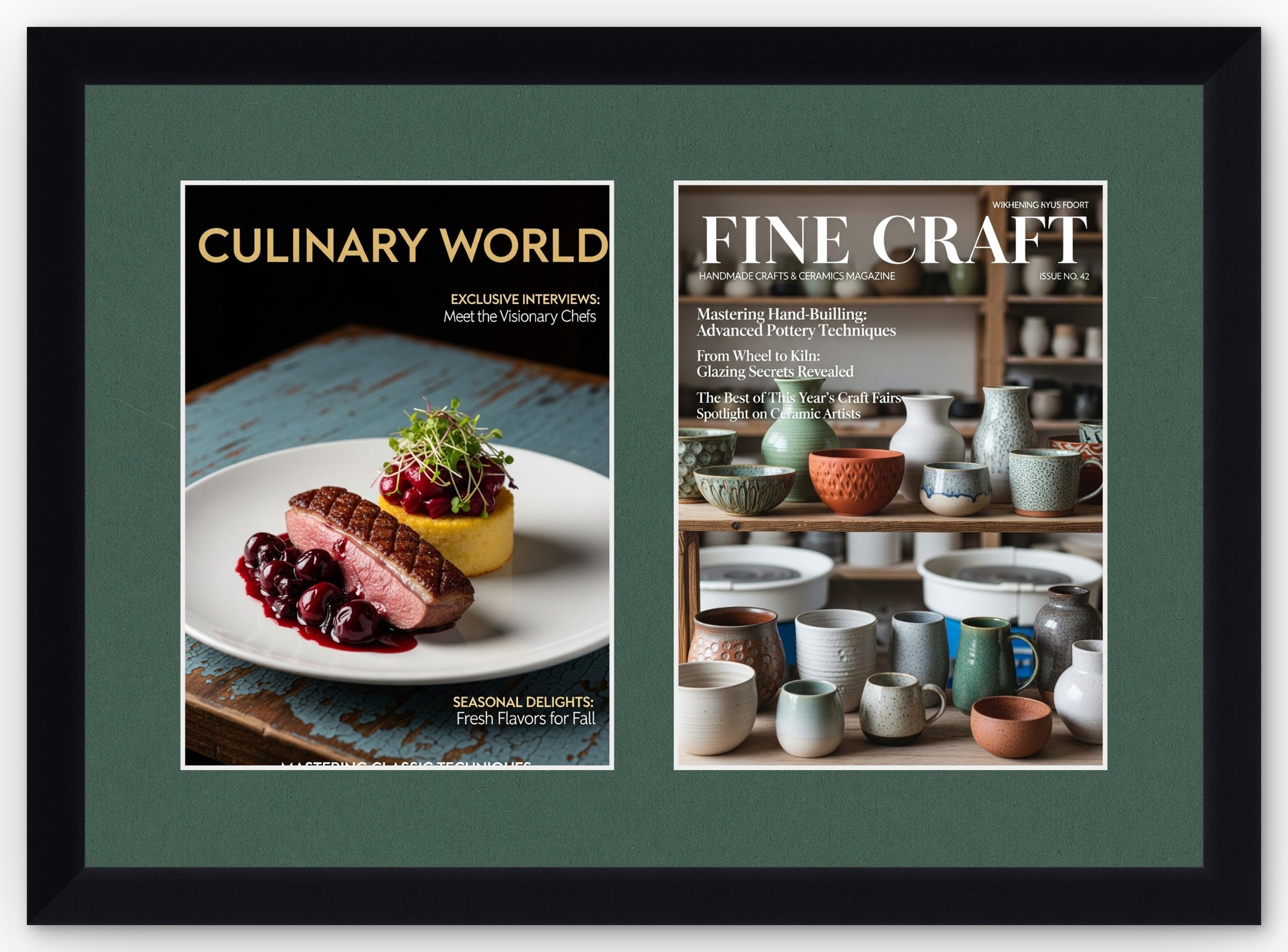 Double Magazine Keepsake Frame with Forest Green Mat (Style 6) - corner and profile view