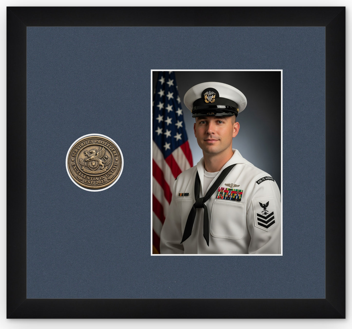 Challenge Coin Shadow Box With Photo Display Frame (Style 8) - corner and profile view