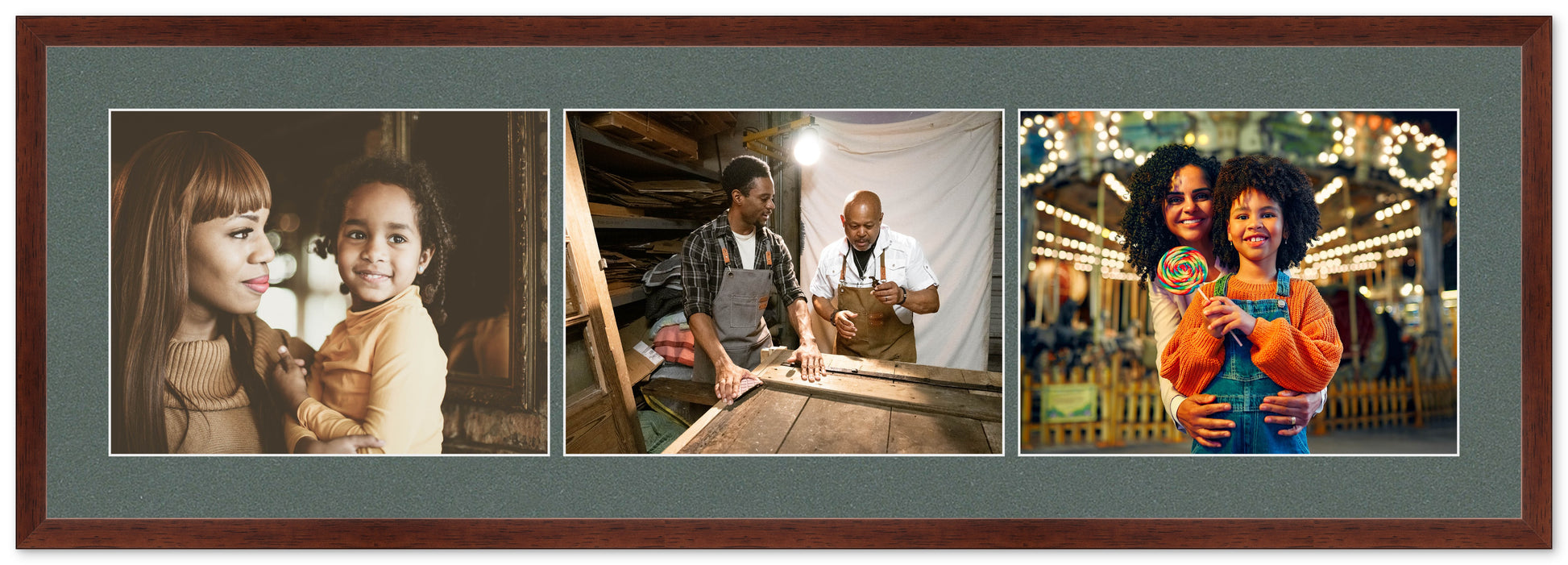 Genuine Wood Mixed Collage Frame with Dark Gray Mat (Style 2) - corner and profile view