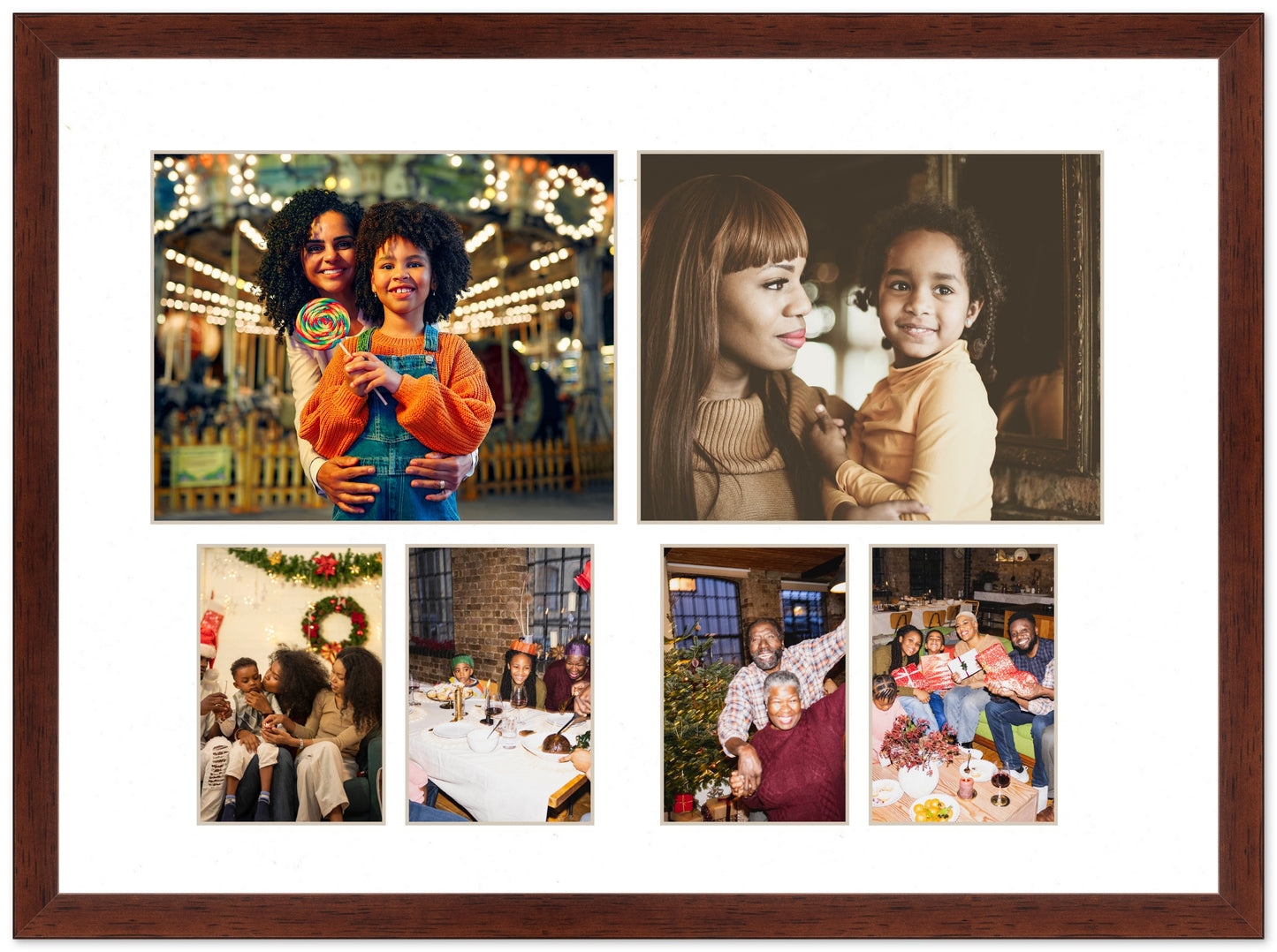 Genuine Wood Mixed Collage Frame with White Mat (Style 2) - corner and profile view