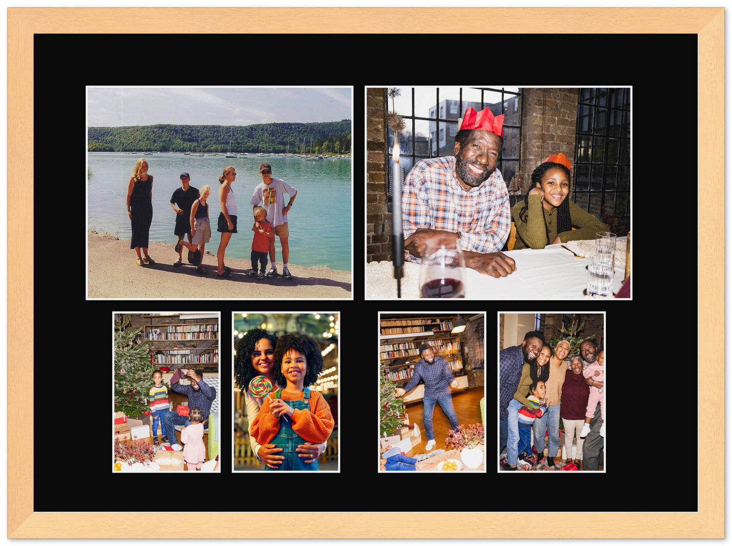Genuine Wood Mixed Collage Frame with Black Mat (Style 3) - corner and profile view