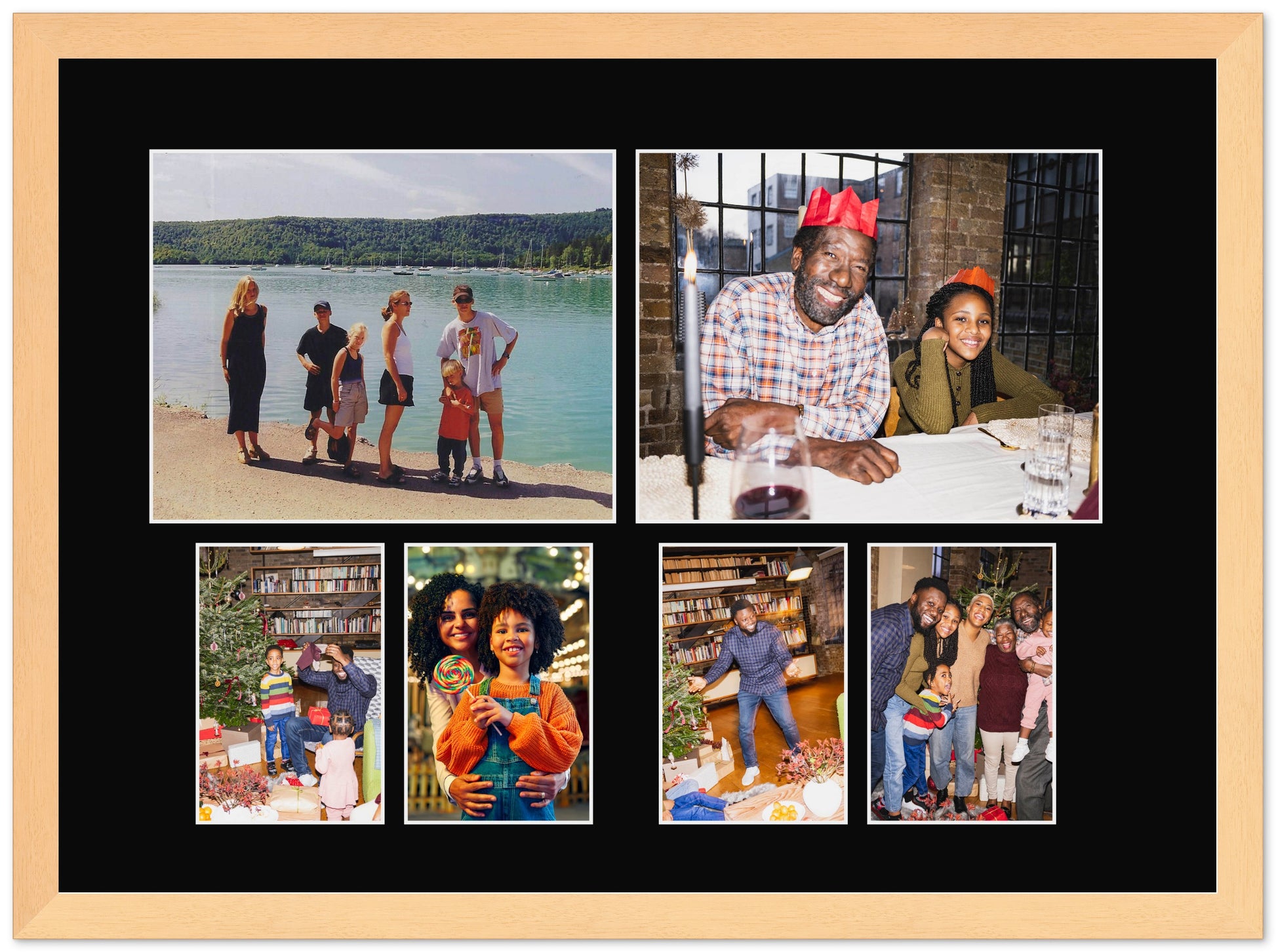 Genuine Wood Mixed Collage Frame with Black Mat (Style 3) - corner and profile view