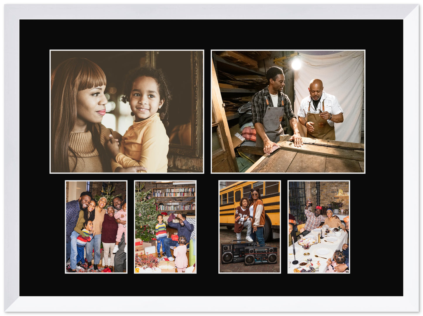 Genuine Wood Mixed Collage Frame with Black Mat (Style 4) - corner and profile view