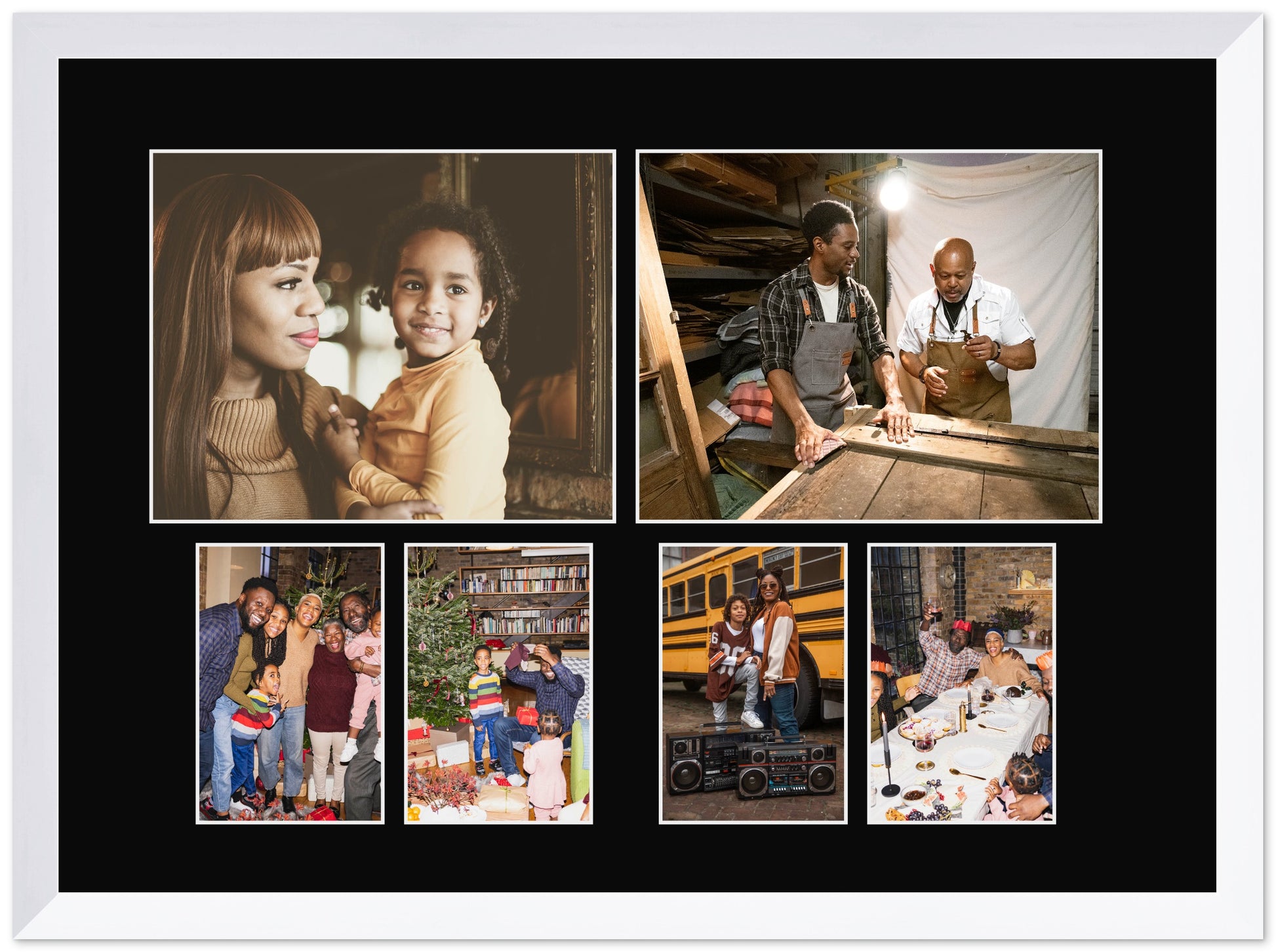 Genuine Wood Mixed Collage Frame with Black Mat (Style 4) - corner and profile view