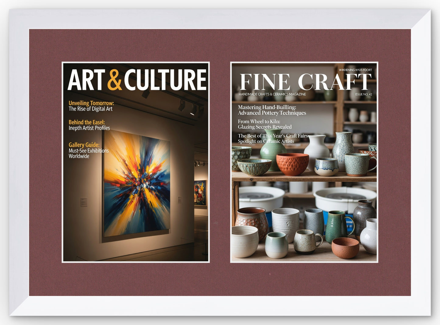 Double Magazine Keepsake Frame with Dark Red Mat (Style 7) - corner and profile view