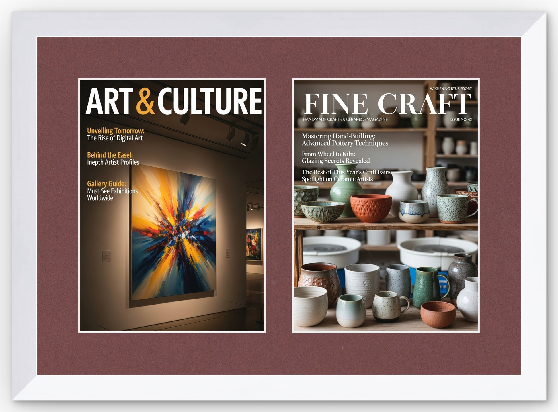 Double Magazine Keepsake Frame with Dark Red Mat (Style 7) - corner and profile view