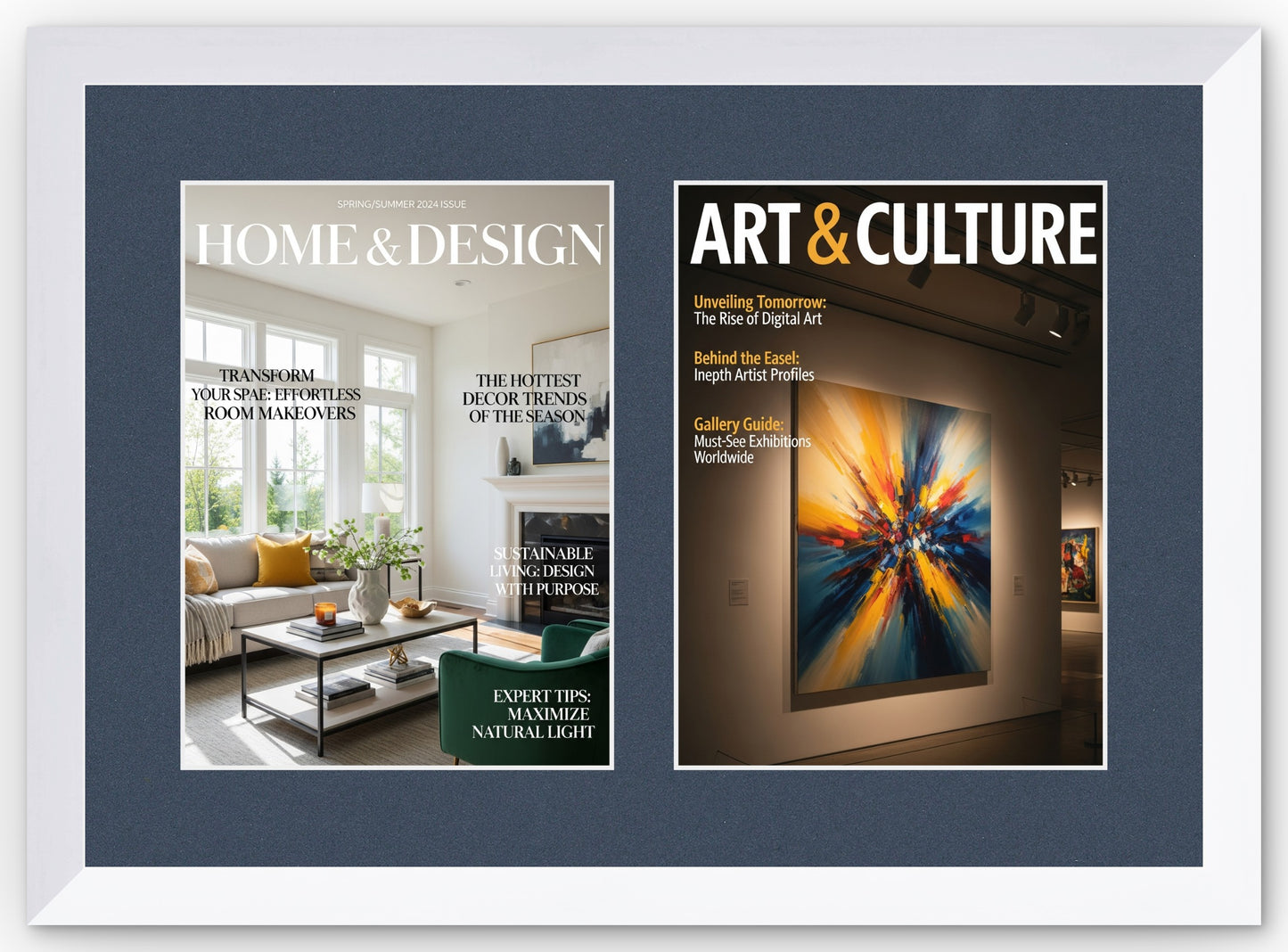 Double Magazine Keepsake Frame with Navy Blue Mat (Style 7) - corner and profile view