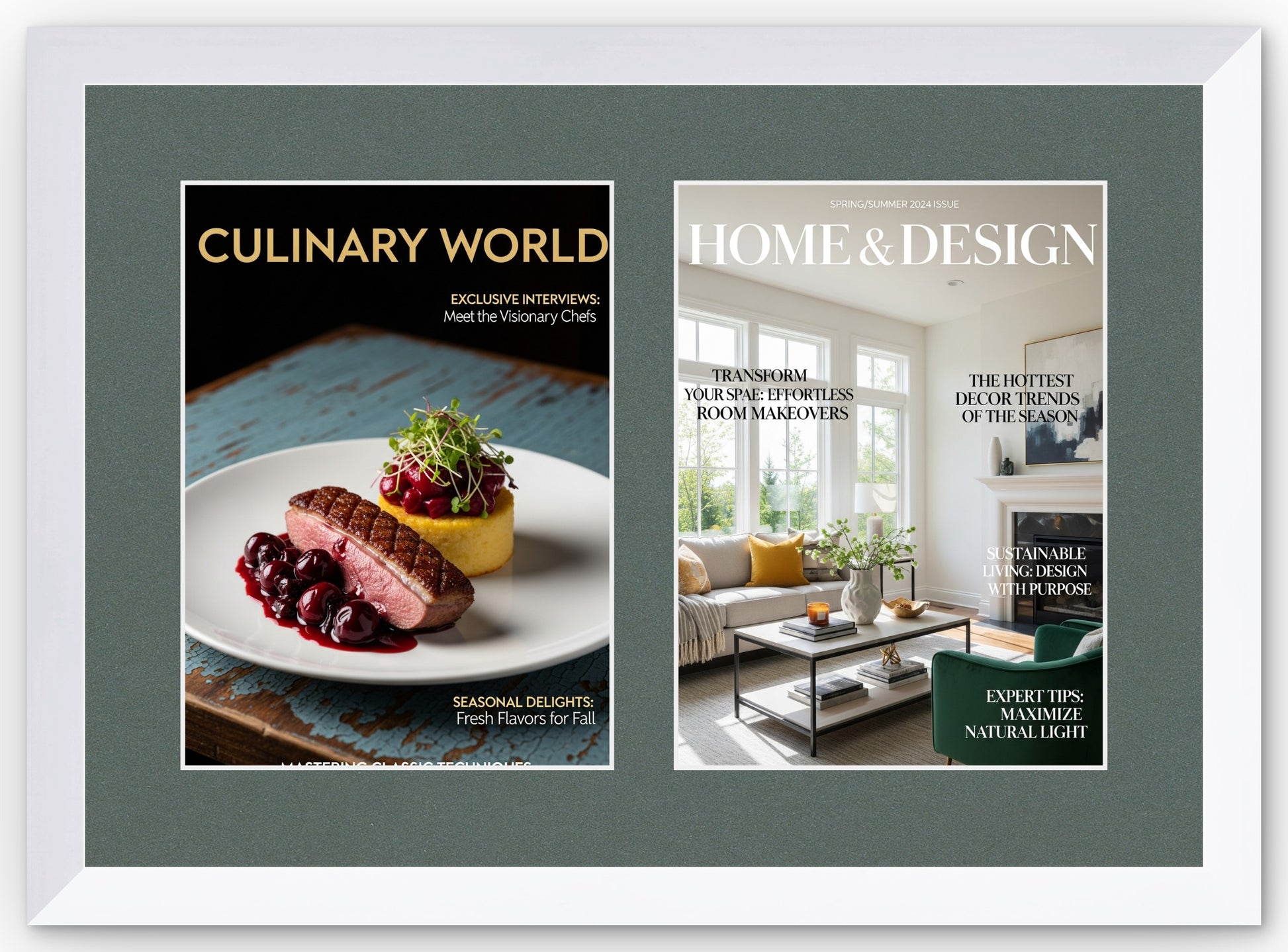 Double Magazine Keepsake Frame with Dark Gray Mat (Style 7) - corner and profile view