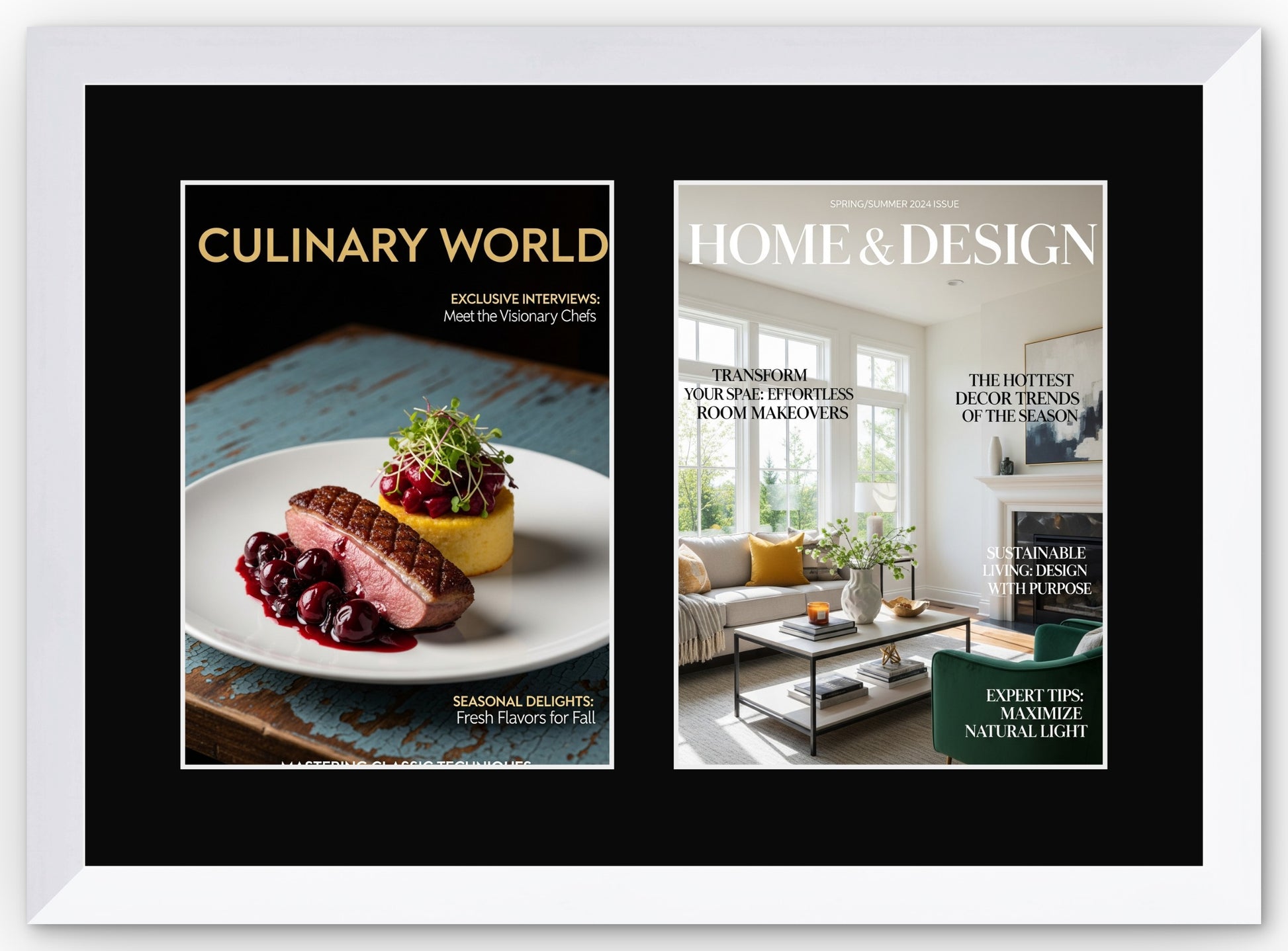 Double Magazine Keepsake Frame with Black Mat (Style 7) - corner and profile view