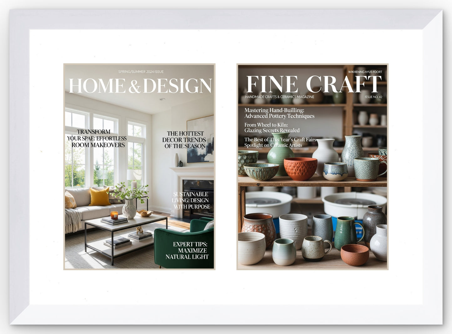 Double Magazine Keepsake Frame with White Mat (Style 7) - corner and profile view