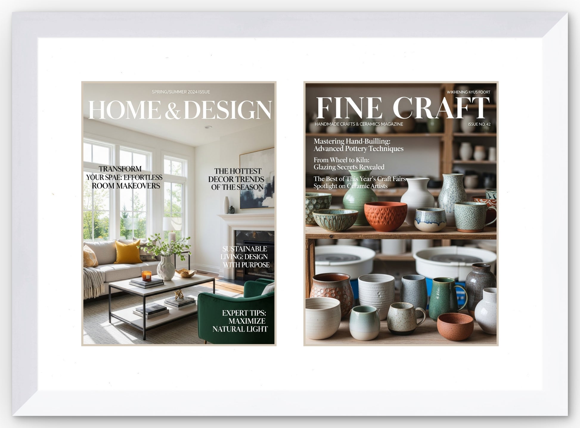 Double Magazine Keepsake Frame with White Mat (Style 7) - corner and profile view