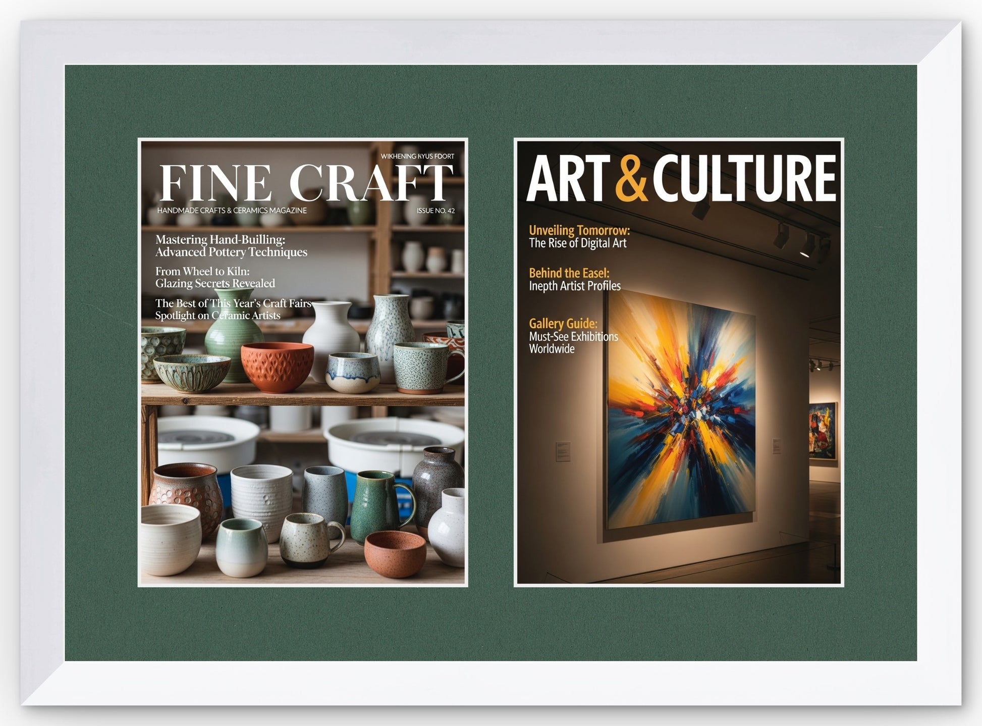 Double Magazine Keepsake Frame with Forest Green Mat (Style 7) - corner and profile view
