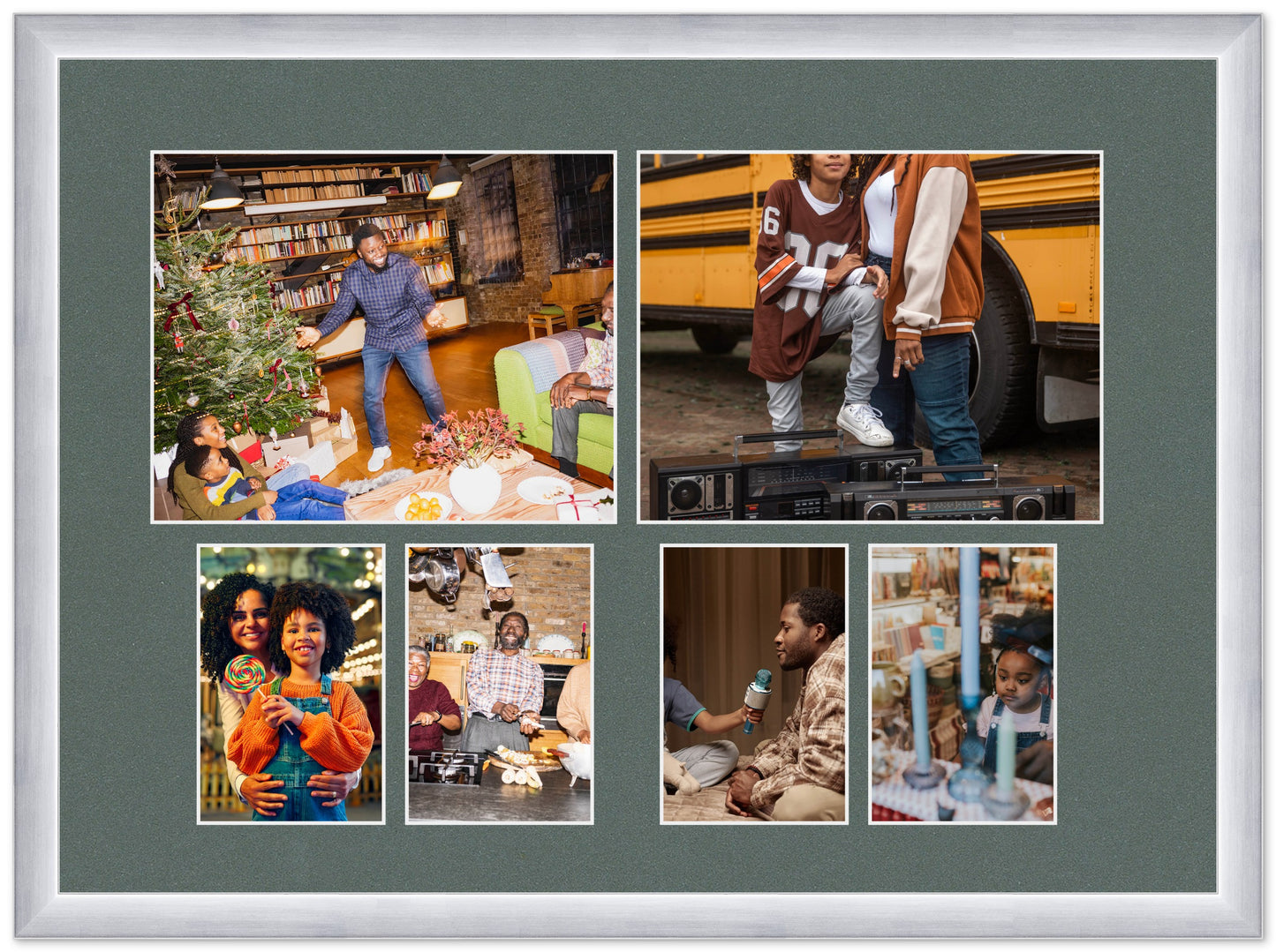 Genuine Wood Mixed Collage Frame with Dark Gray Mat (Style 5) - corner and profile view