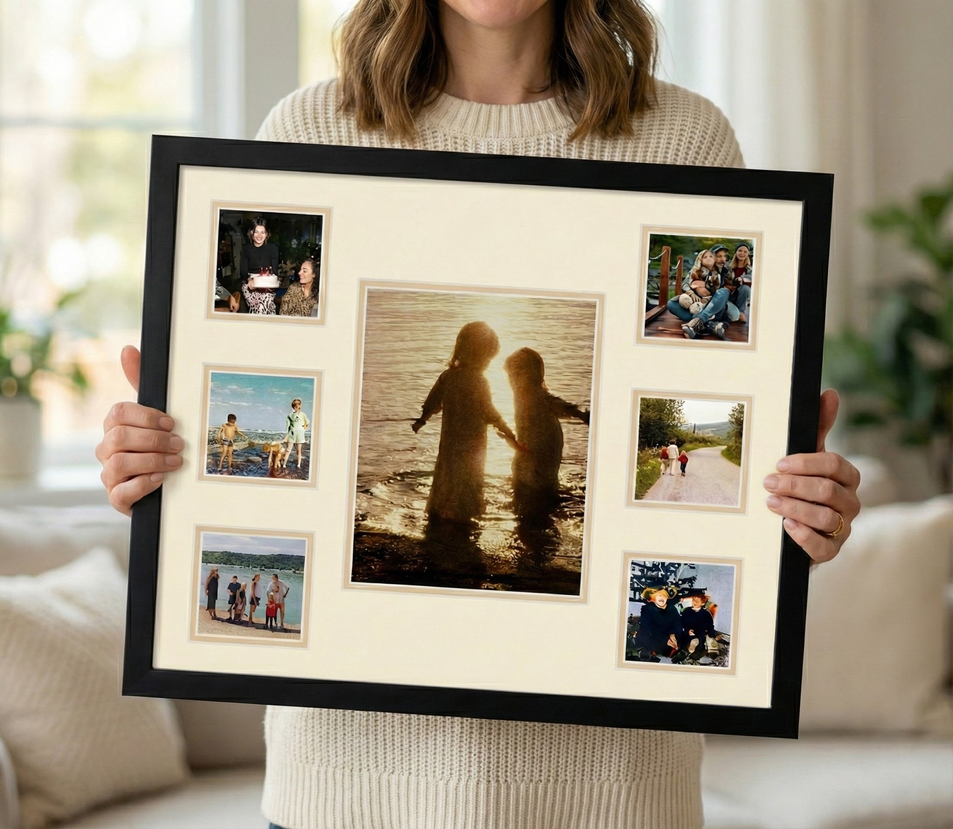Genuine Wood Mixed Collage Frame with White Mat (Style 3) - included components