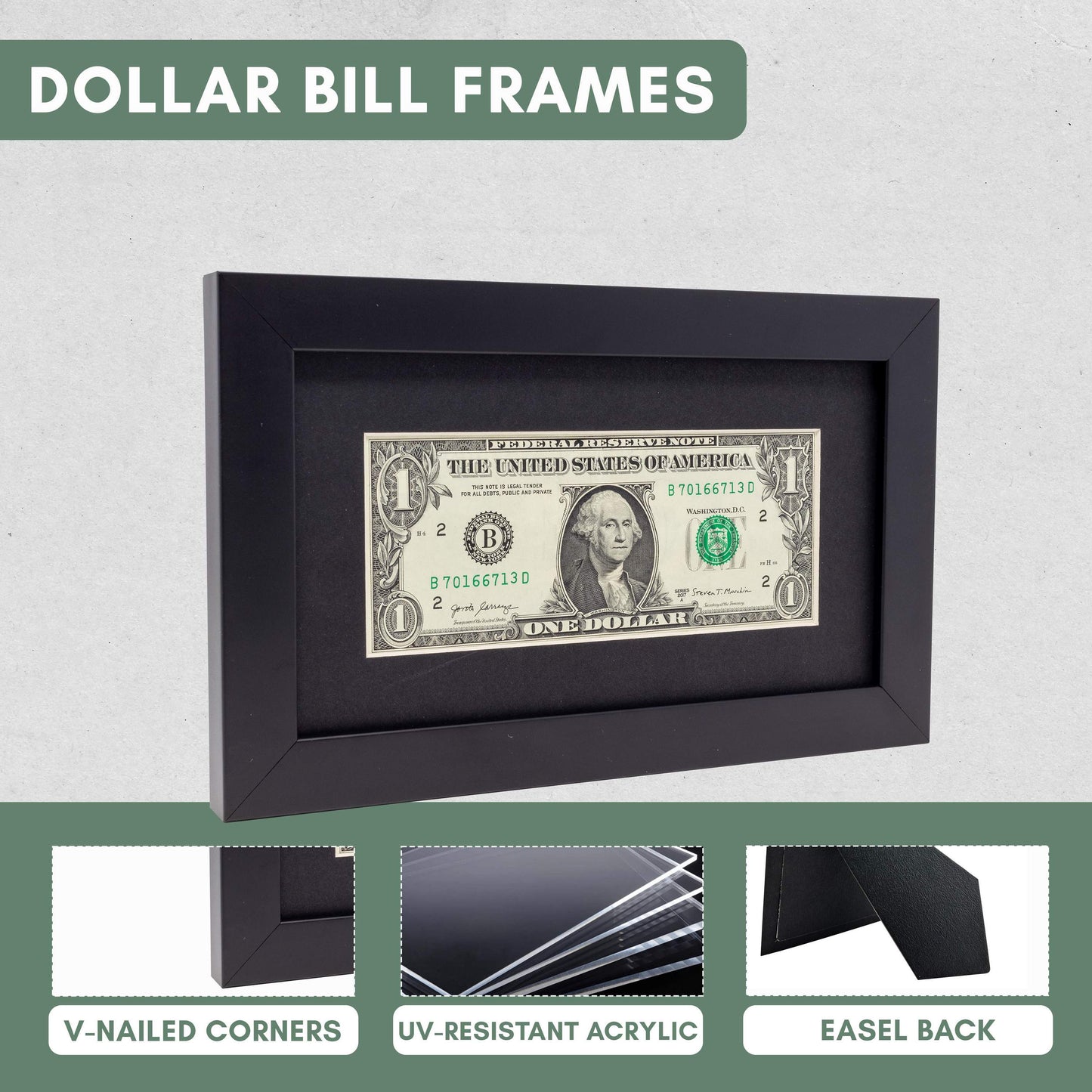 Black First Dollar Currency Frame - size reference