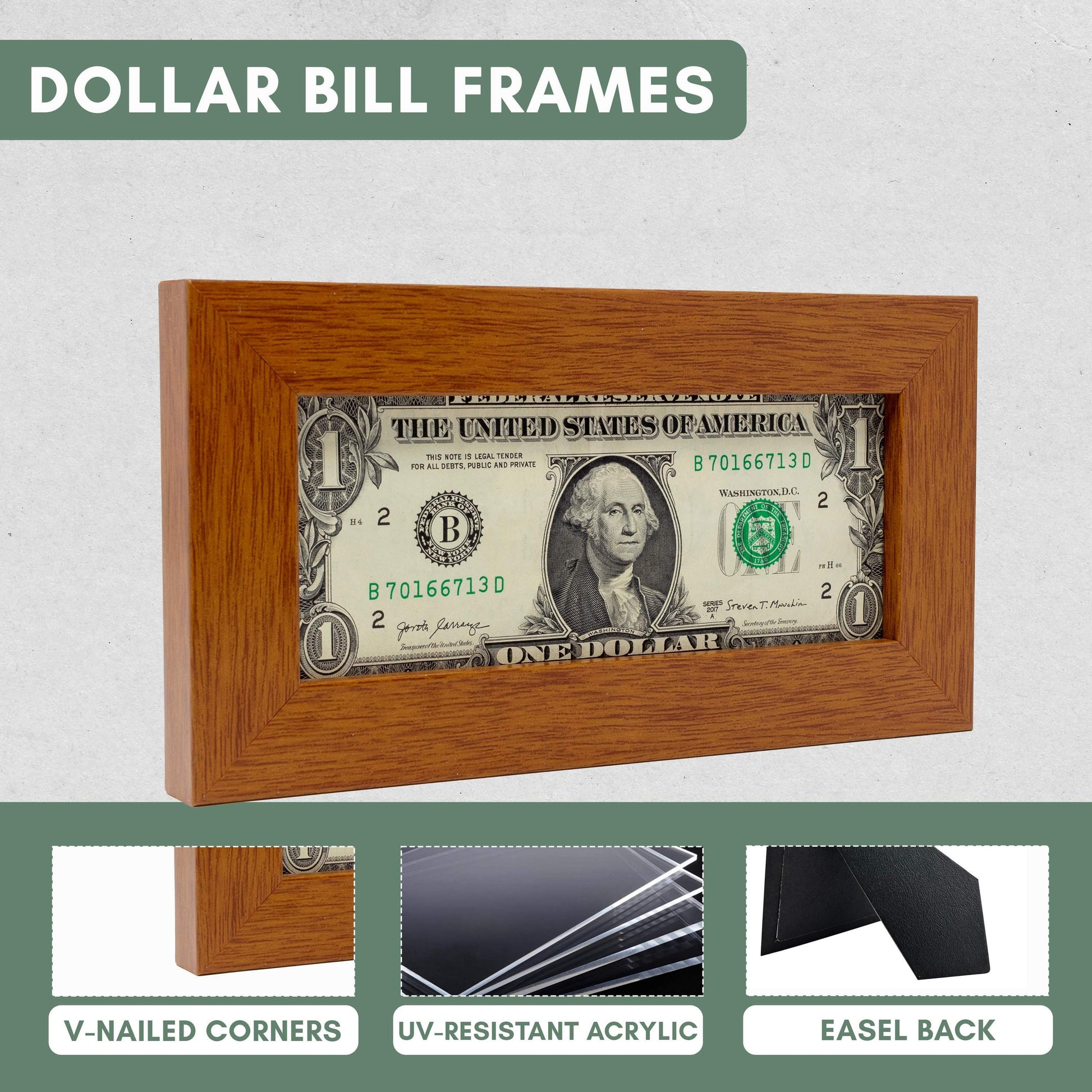 Honey Pecan First Dollar Currency Frame - size reference