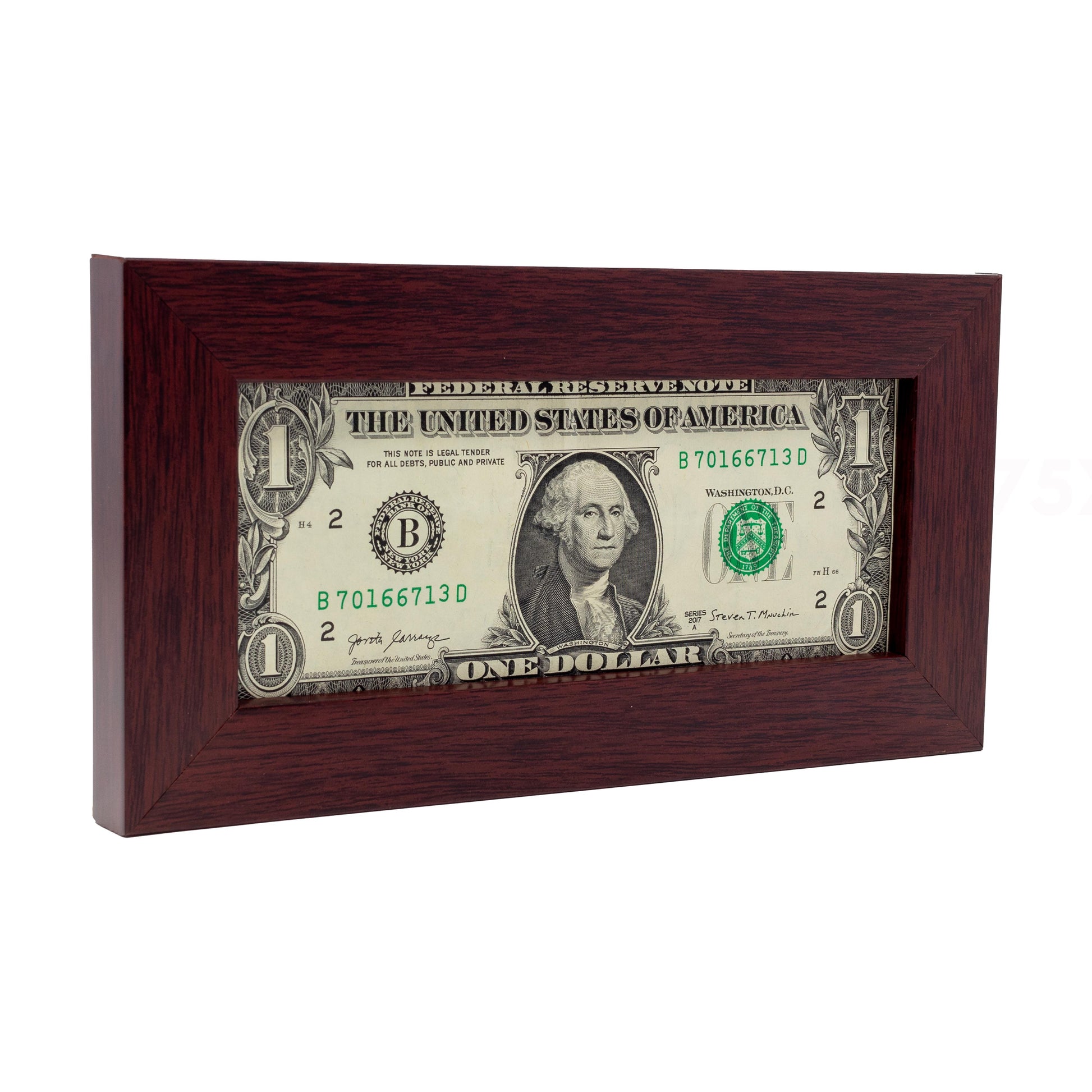 Mahogany First Dollar Currency Frame - corner and profile view