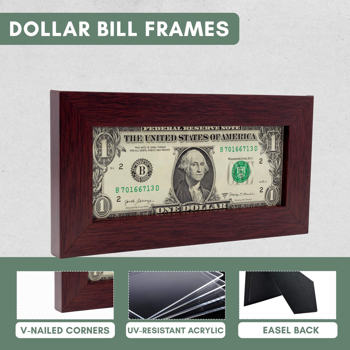 Mahogany First Dollar Currency Frame - size reference