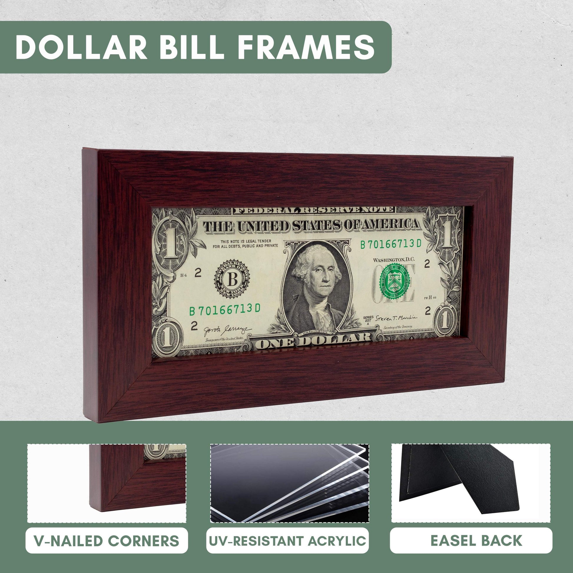 Mahogany First Dollar Currency Frame - size reference