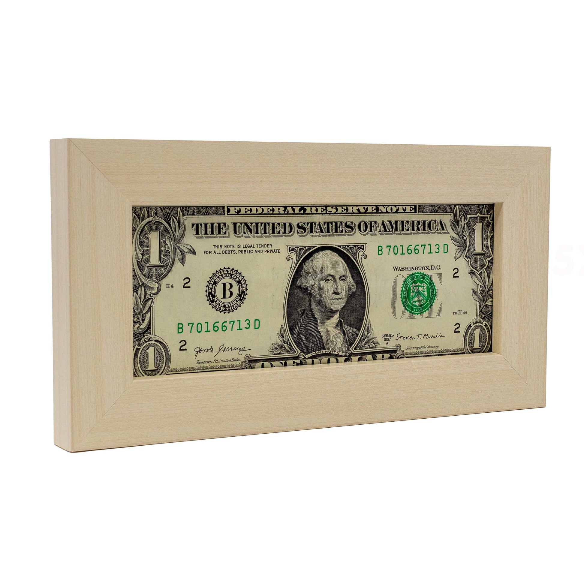 White Washed First Dollar Currency Frame - corner and profile view