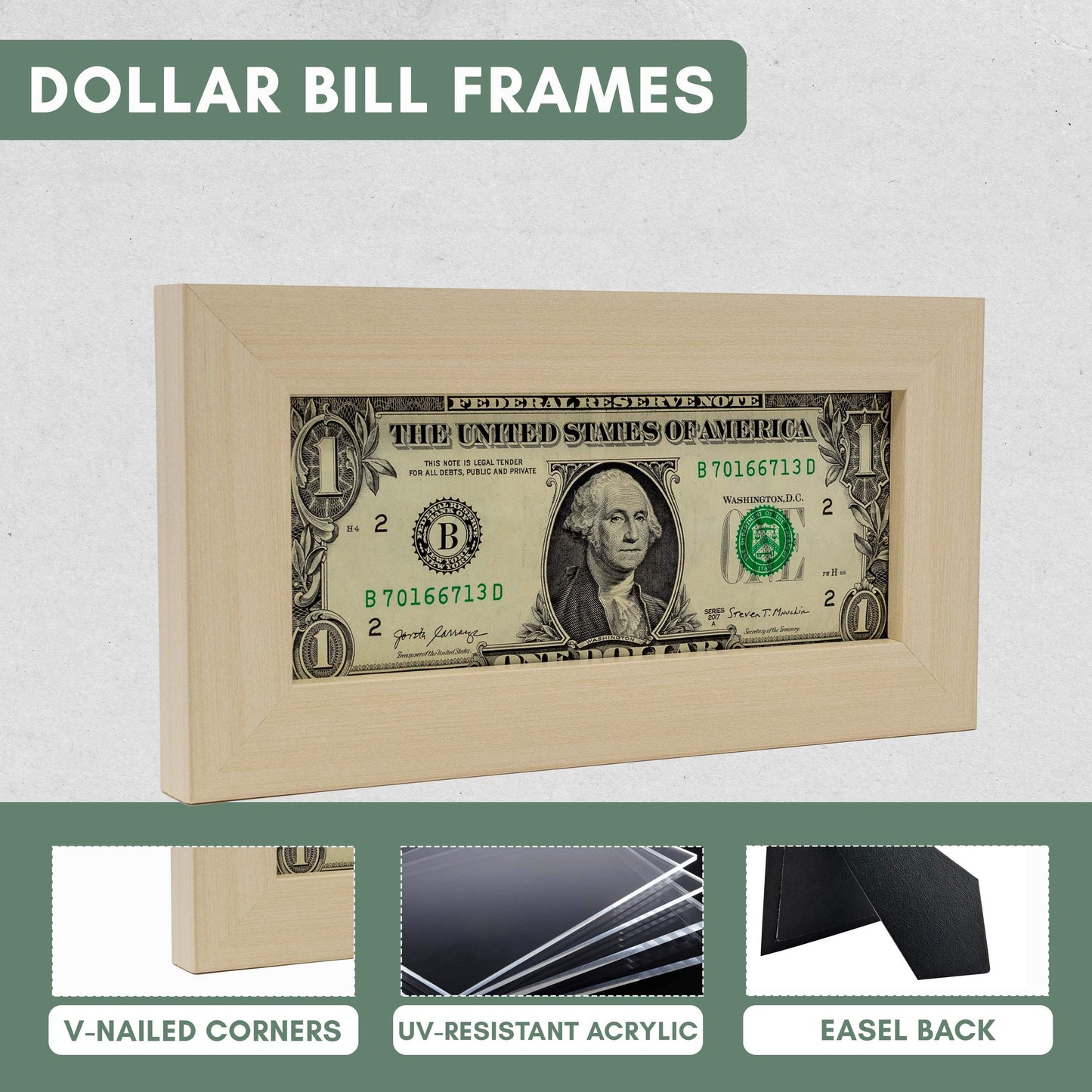 White Washed First Dollar Currency Frame - size reference