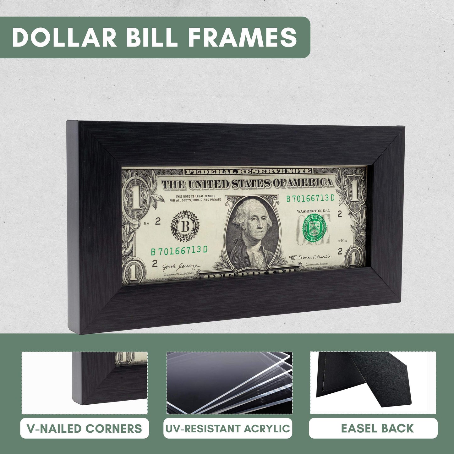 Grey First Dollar Currency Frame - size reference