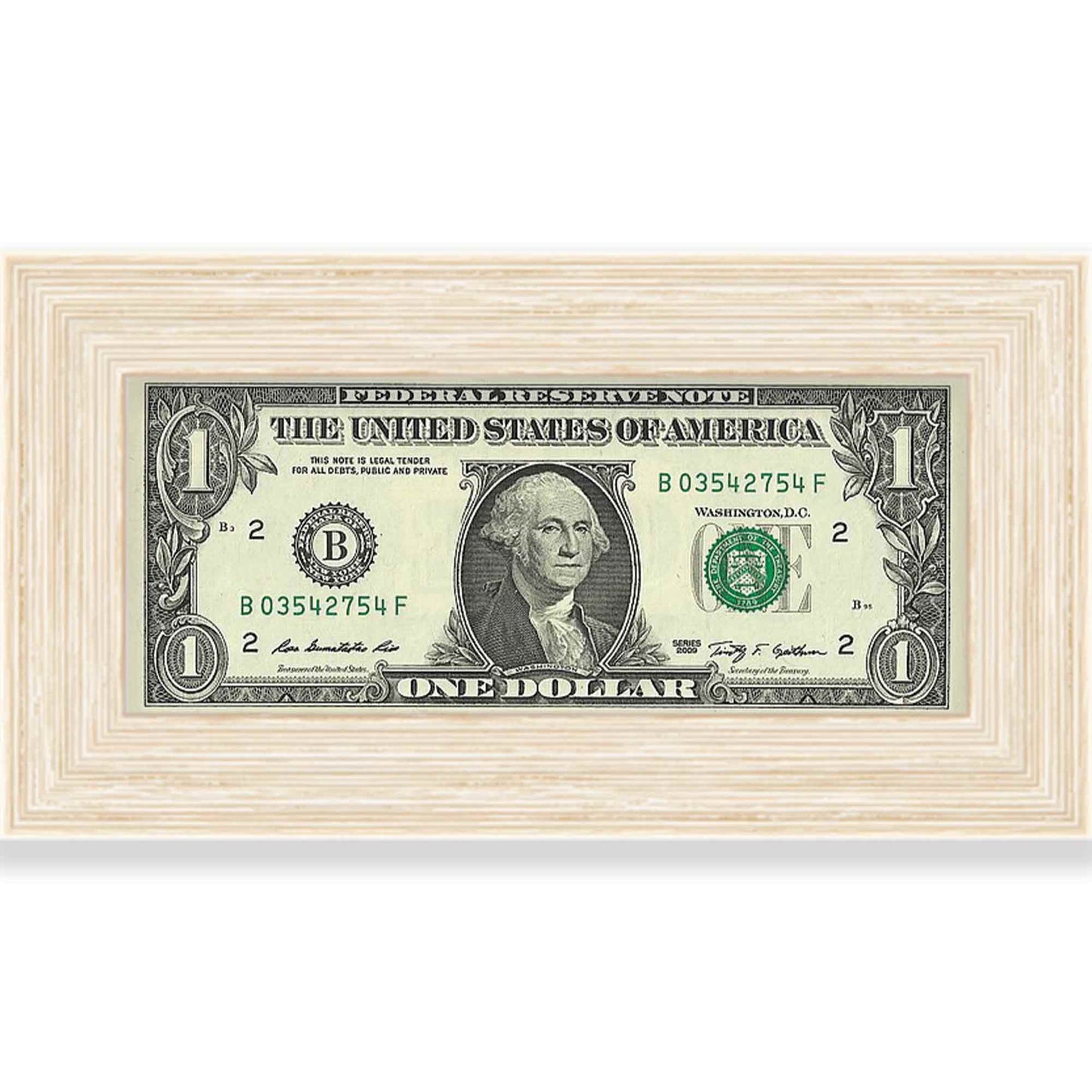 Barnwood White First Dollar Currency Frame - corner and profile view