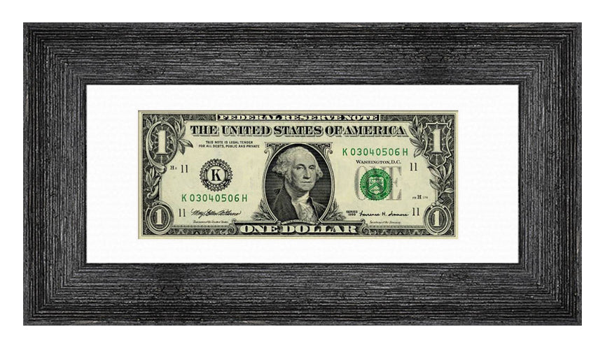 Barnwood Black First Dollar Currency Frame - corner and profile view