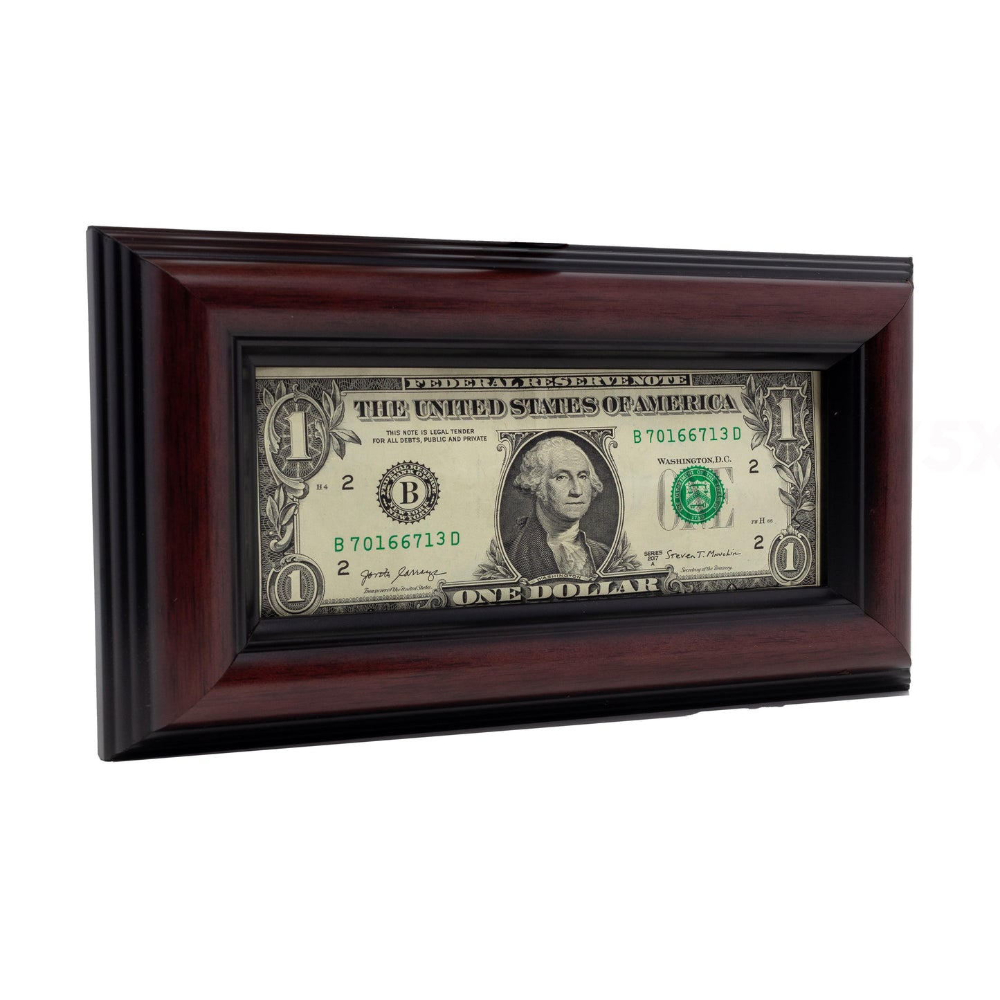 Traditional Mahogany First Dollar Currency Frame - corner and profile view