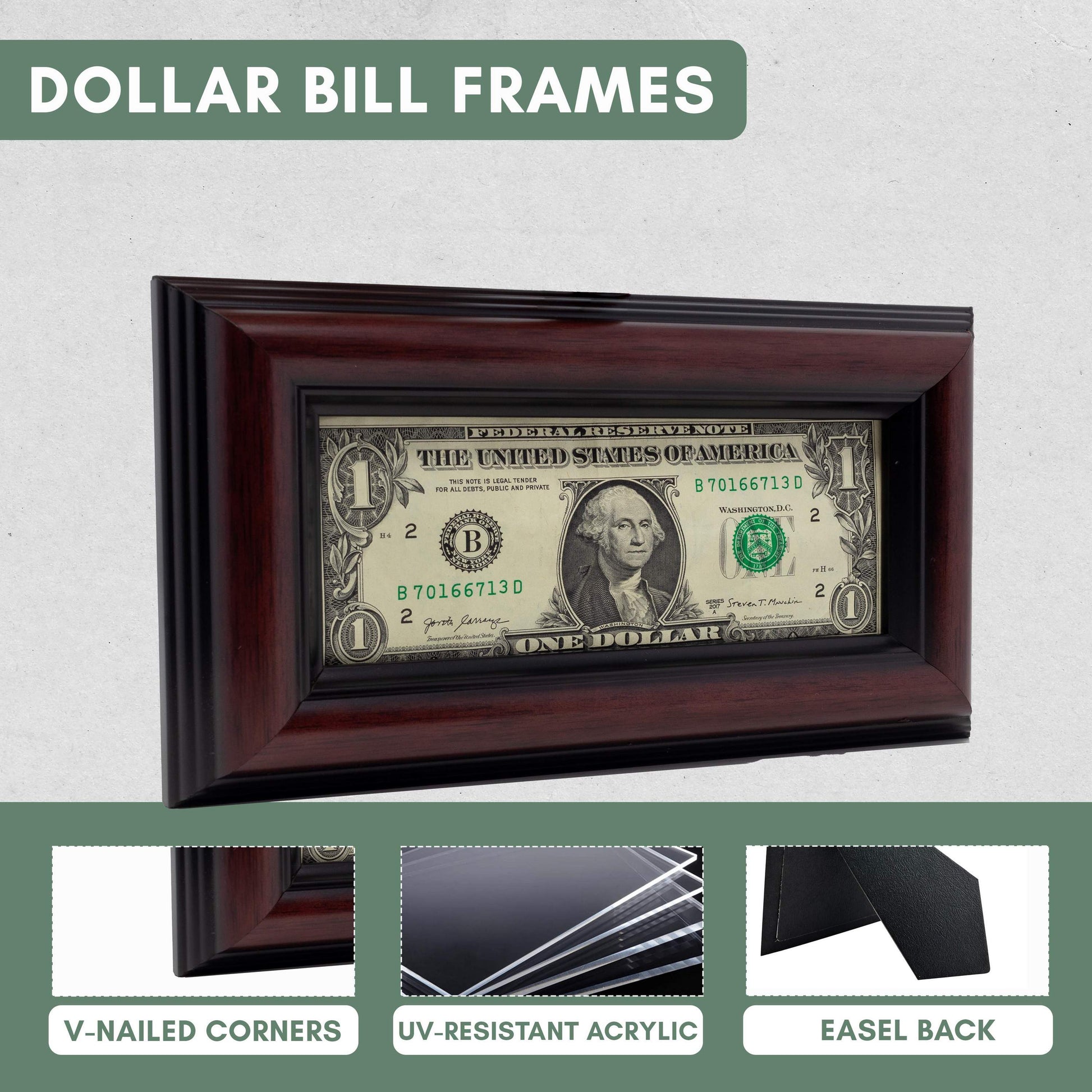 Traditional Mahogany First Dollar Currency Frame - size reference
