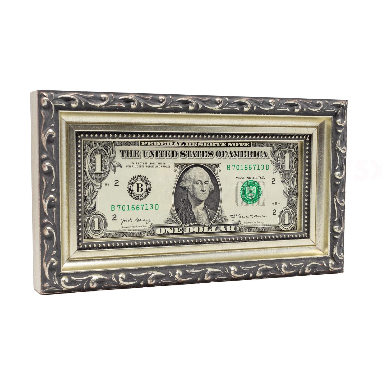 Ornate Silver First Dollar Currency Frame - corner and profile view