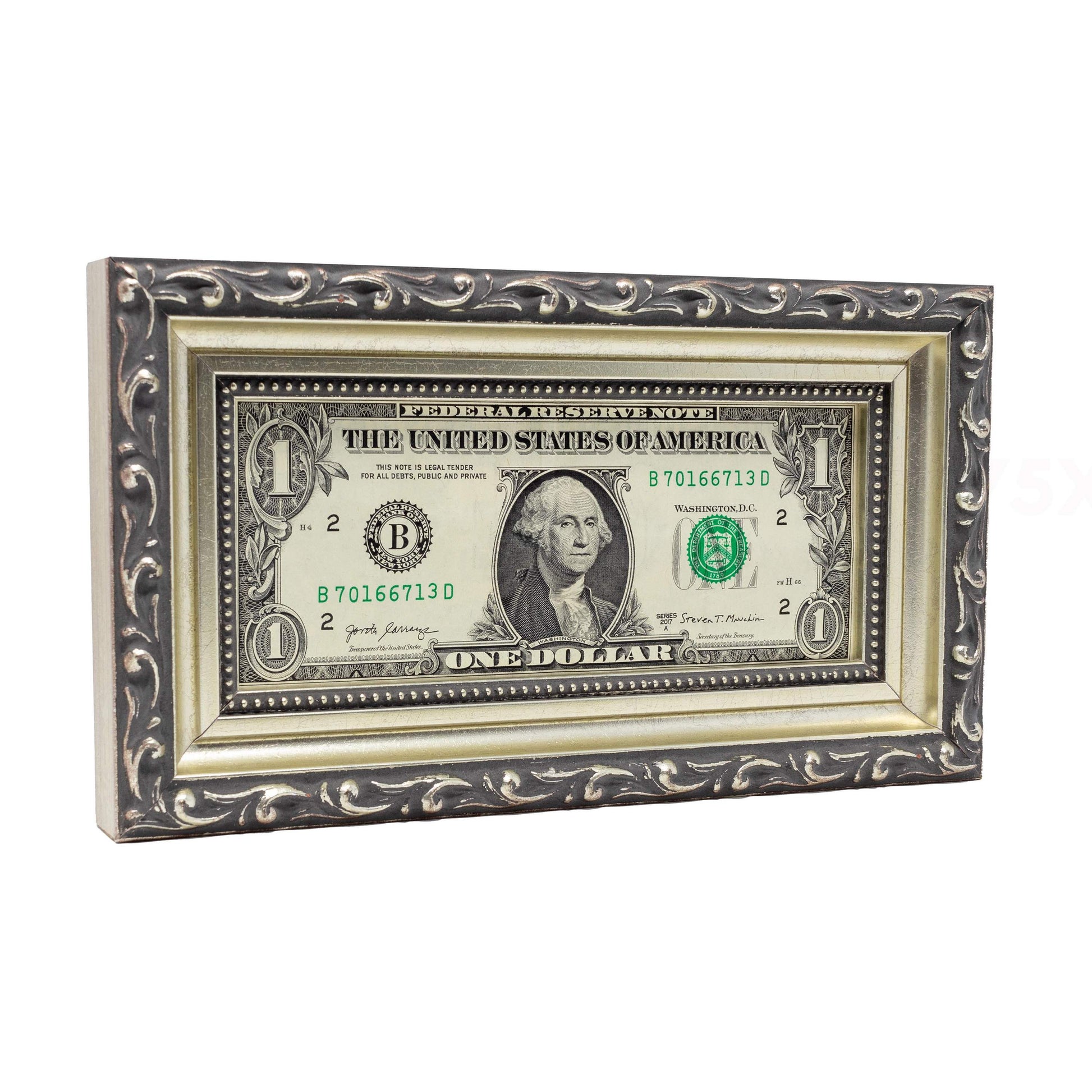 Ornate Silver First Dollar Currency Frame - corner and profile view