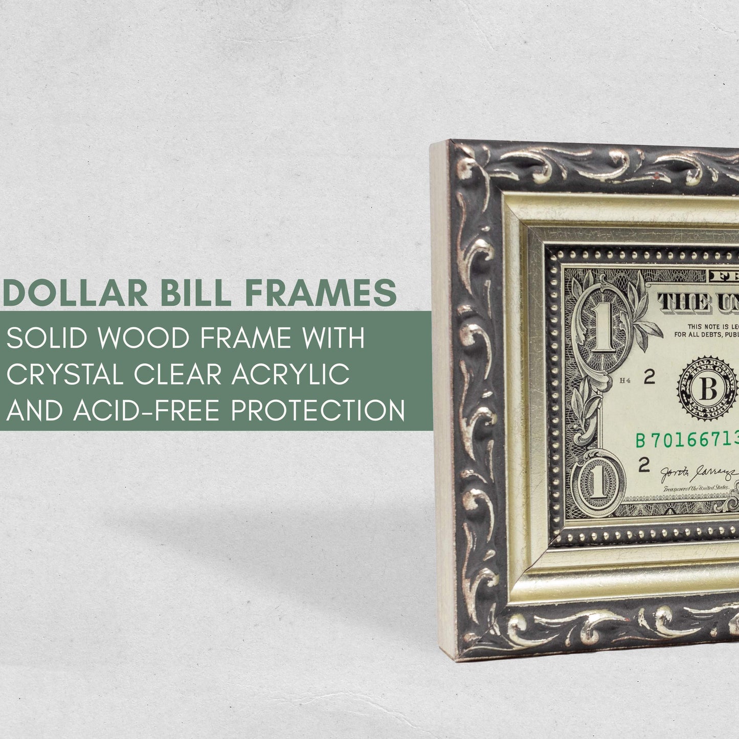 Ornate Silver First Dollar Currency Frame - back and hardware